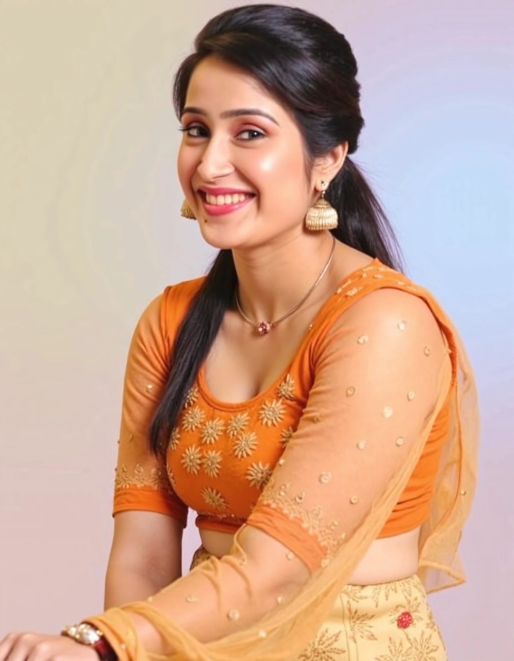 cowboy shot photo of Sagarika Ghatge, hyper realistic candid photo, shy smile,studio quality, wearing intricate conservative sleeveless Ochre Mekhela Chador (Assamese traditional attire), high ponytail, pastel shaded multicolored background, cinematic lighting <lora:Sagarika_Ghatge_Flux_Kohya_V1:1>âââ
