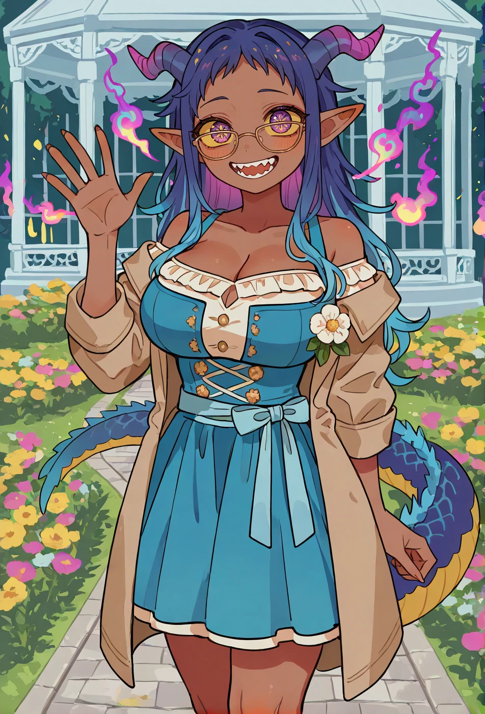female,solo,blue hair,Side Parted Waves,Yellow and Blue,messy bangs,big breasts,purple eyes,looking over eyewear,yellow sclera,+ + pupils,dark skin,Dragon tail,pointy ears,Pointy Teeth,sleeves past elbows,blue dress,dirndl,Off-shoulder coat,boutonniere,Flower-Lined Garden Path Leading to a Small Stone Gazebo,waving,light blush,smile,<lora:aida2:0.6> tbhkaida,tbhkiro,Glowing smoke waves,