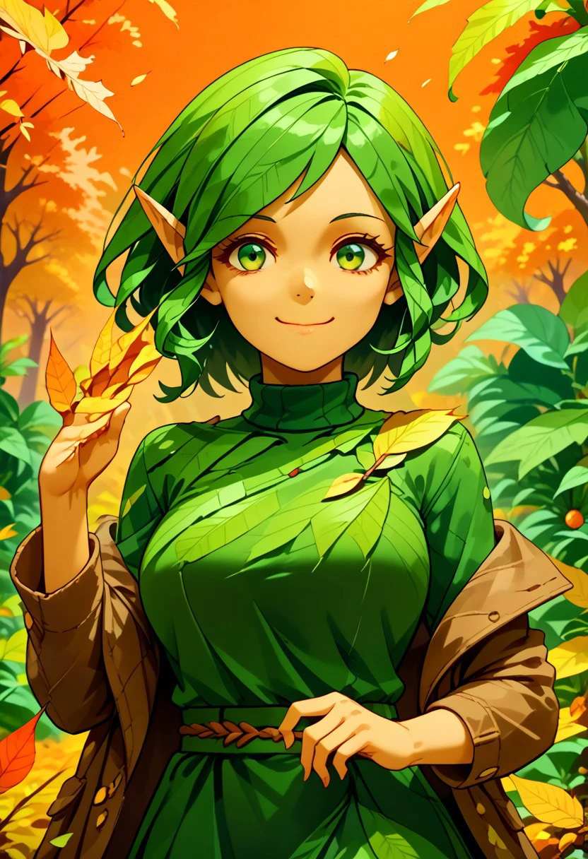 score_9, score_8_up, score_7_up, 1girl,solo, challua_wf, green hair, green eyes, pointy ears, green dress, tan skin, leaf dress, autumn, autumn leaves, white sweater,, breasts, brown coat, green skirt, closed mouth, coat, large breasts, leaf, leaf background, long sleeves, looking at viewer, medium hair, off shoulder, orange background, red eyes, red hair, ribbed sweater, skirt, smile, solo, sweater, swept bangs, turtleneck, turtleneck sweater, upper body, waving, WORLD MORPH LEAVES, DEAD LEAVES, Freebo_alloy
