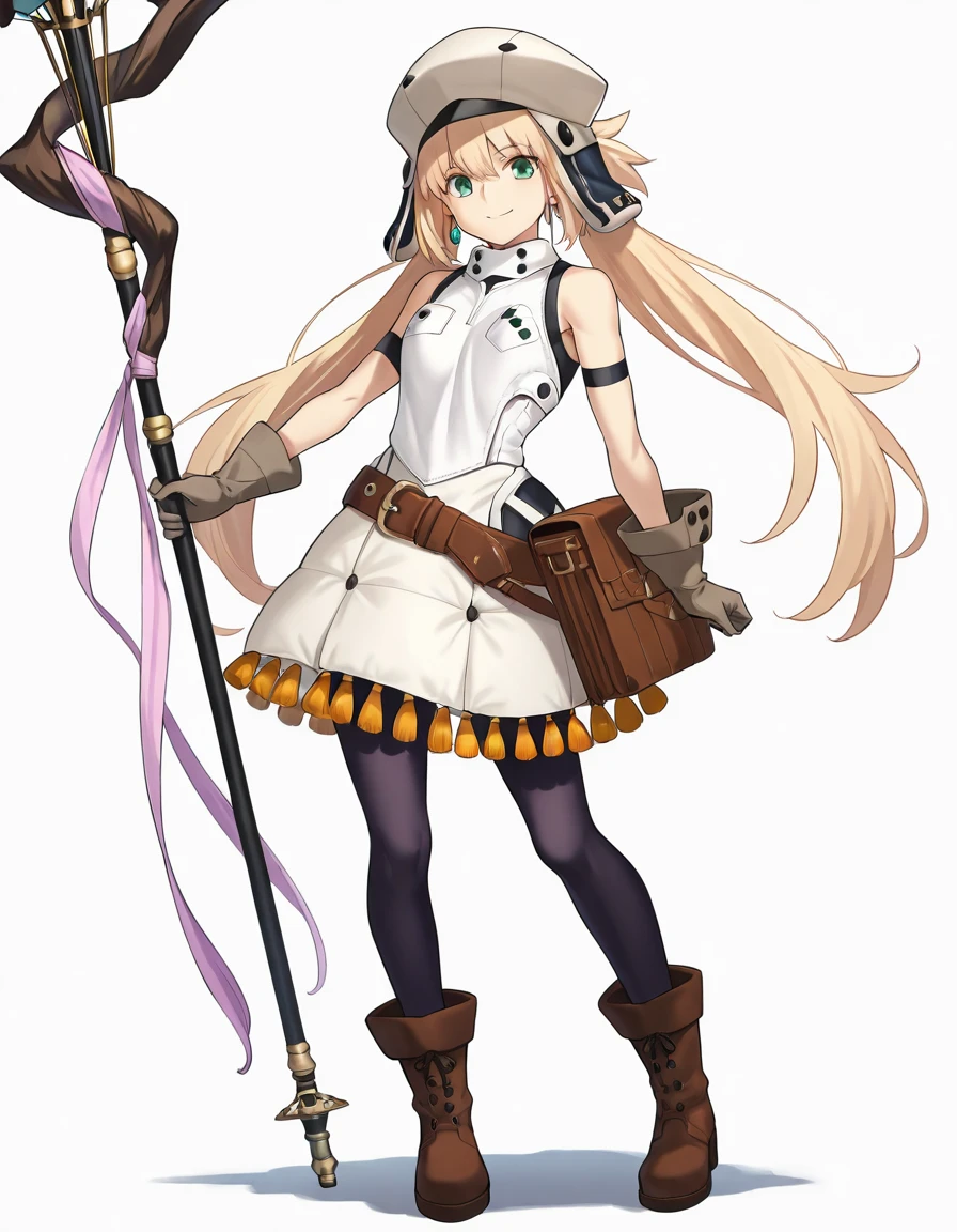 (masterpiece), (best quality), (ultra-detailed), Castoria, long hair, Castoria_low_twintails, blonde hair, green eyes, small breasts, Caster1st, C1_shirt, C1_skirt, C1_hat, C1_gloves, C1_pouch, C1_pantyhose, C1_belt_buckle, Castoria_staff, brown footwear, boots, holding staff, looking at viewer, closed mouth, smile, planted staff, white background, stretch arm, illustration, disheveled hair, detailed eyes, perfect composition, moist skin, intricate details, earrings