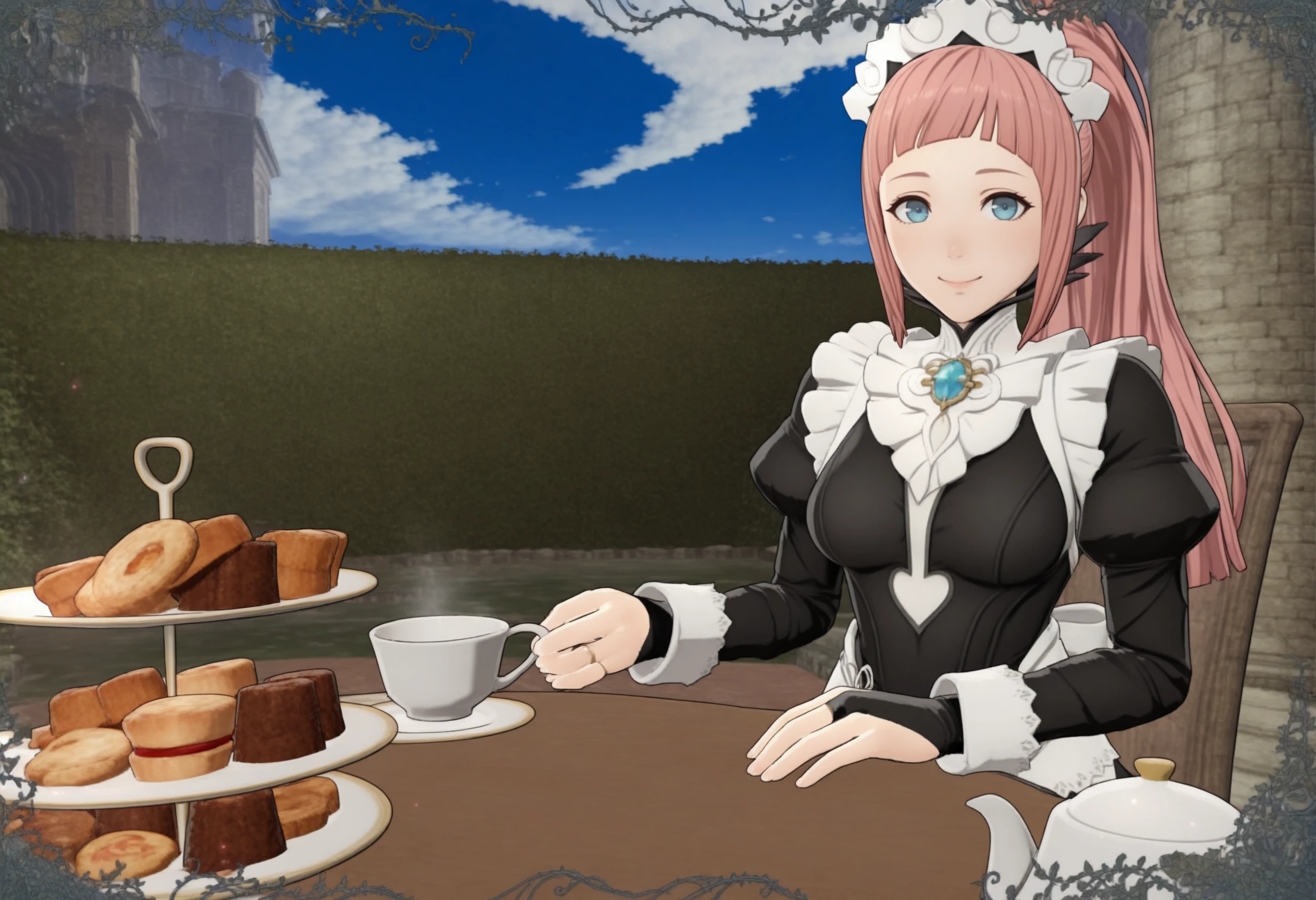 masterpiece, best quality, solo, 1girl, smile, looking at viewer, <lora:Teatime-illus_Fp:1>, table, food, cup, teacup, teapot, holding cup, sitting, outdoors, sky, 3d, chair, <lora:felicia-fe-richy-v1_ixl:1>, f1cdf, blue eyes, pink hair, long hair, ponytail, sidelocks, blunt bangs, maid headdress, black feathered collar, blue brooch, medium breasts, maid, juliet sleeves, maid apron, bridal gauntlets, black thighhighs,