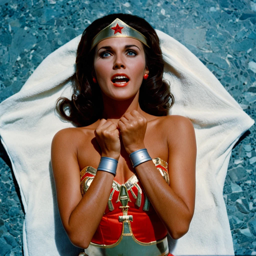 cinematic film still of cinematic film still of <lora:Wonder Woman 1970 xl v1:0.8>
1970's Wonder Woman a dizzy in a costume is drugged by a white towel, perfect image, perfect body, perfect anatomy, Kodak film, high quality photography, 1970's style, wonder woman style, dizzy style, from above, dizzy eyes style, solo, open mouth, blue eyes, brown hair, hat, holding, star (symbol), lips, looking up, teeth, looking at viewer, portrait
, shallow depth of field, vignette, highly detailed, high budget, bokeh, cinemascope, moody, epic, gorgeous, film grain, grainy, shallow depth of field, vignette, highly detailed, high budget, bokeh, cinemascope, moody, epic, gorgeous, film grain, grainy