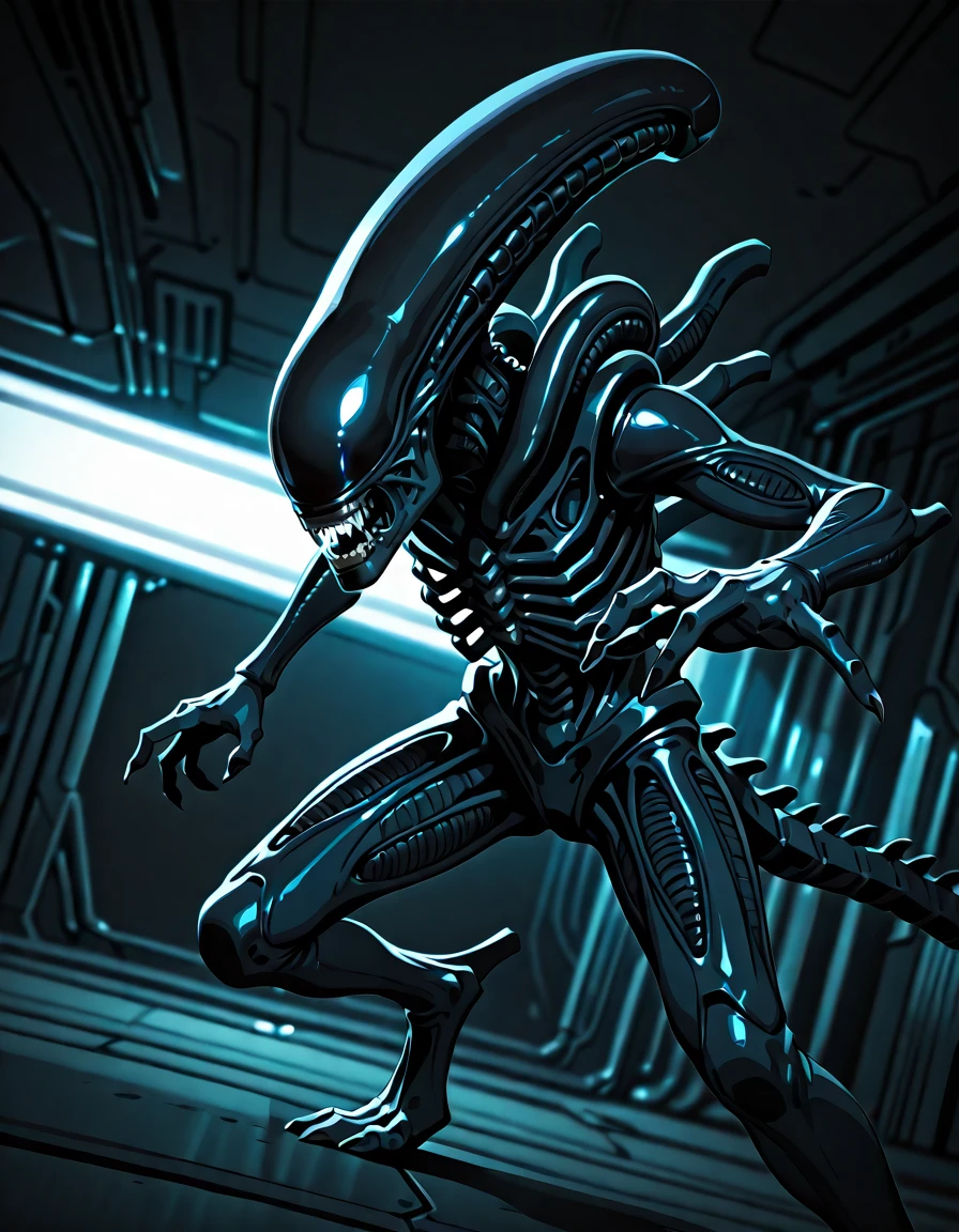 solo, full-length portrait, dark sci-fi illustration, detailed background, blurred background, <lora:Alien_-_Xenomorph_IL:0.8> xenomorph, action pose, cinematic, dynamic angle, <lora:dark_v1.9-pony:0.6> dark theme, dim lighting, dark background, dark room, backlighting