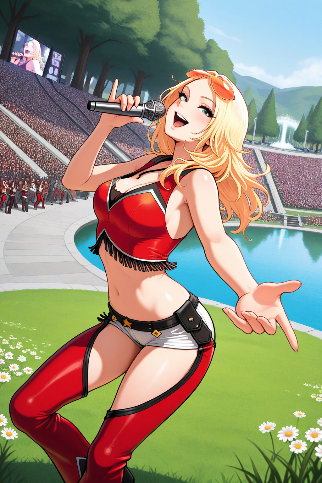 masterpiece, best quality, amazing quality, absurdres, solo, agentstarr, smile, open mouth, holding microphone, singing, dancing, long blonde hair, looking at viewer, eyewear on head, orange sunglasses, red sleeveless, crop top, white short shorts, red chaps, crowd, crowded, outdoors, stage, day, grass, flowers, lake, trees, park