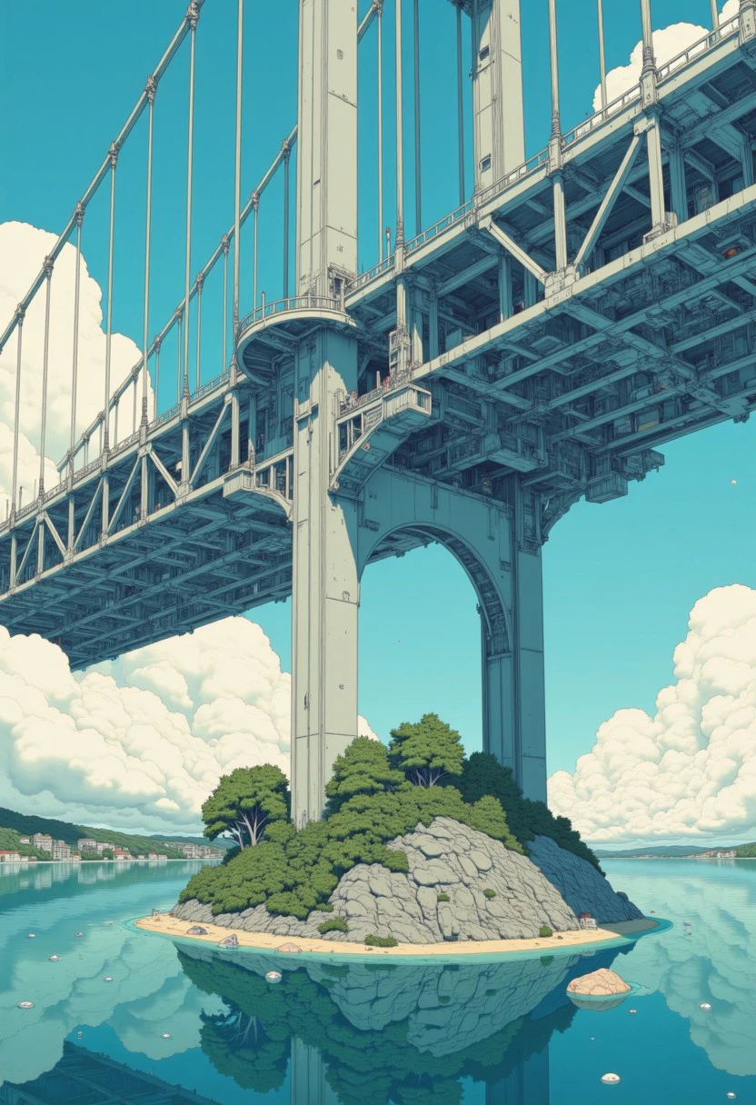 A small island, once solitary and serene, now stands as a steadfast pillar beneath a grand bridge connecting two larger lands. In Shinto cosmology, the island is not merely stone and soil but a sacred being, a kami, burdened with the weight of connection. Once a place of quiet communion with the sea spirits, it now serves as a bridge’s foundation, its purpose transformed. The island’s essence reflects resilience and sacrifice, embodying the harmony between human progress and the natural order, while silently mourning its lost solitude in the web of creation.