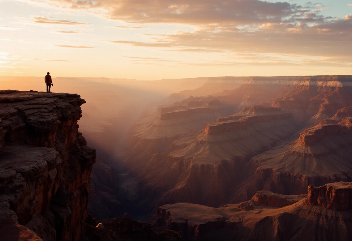 in the style of ff-fp,
An epic cinematic landscape shot of a lone explorer standing on the edge of a vast canyon during golden hour. The scene captures the intricate textures of the rocky terrain, with warm sunlight casting long shadows across the valley. The explorerâs figure is silhouetted against a dramatic sky painted with hues of orange, pink, and purple. Inspired by the ARRI ALEXA 65, the image showcases extraordinary depth, lifelike color grading, and a breathtaking dynamic range, drawing the viewer into a scene of both grandeur and intimacy.
<lora:Film_Photography_FLUX:1>