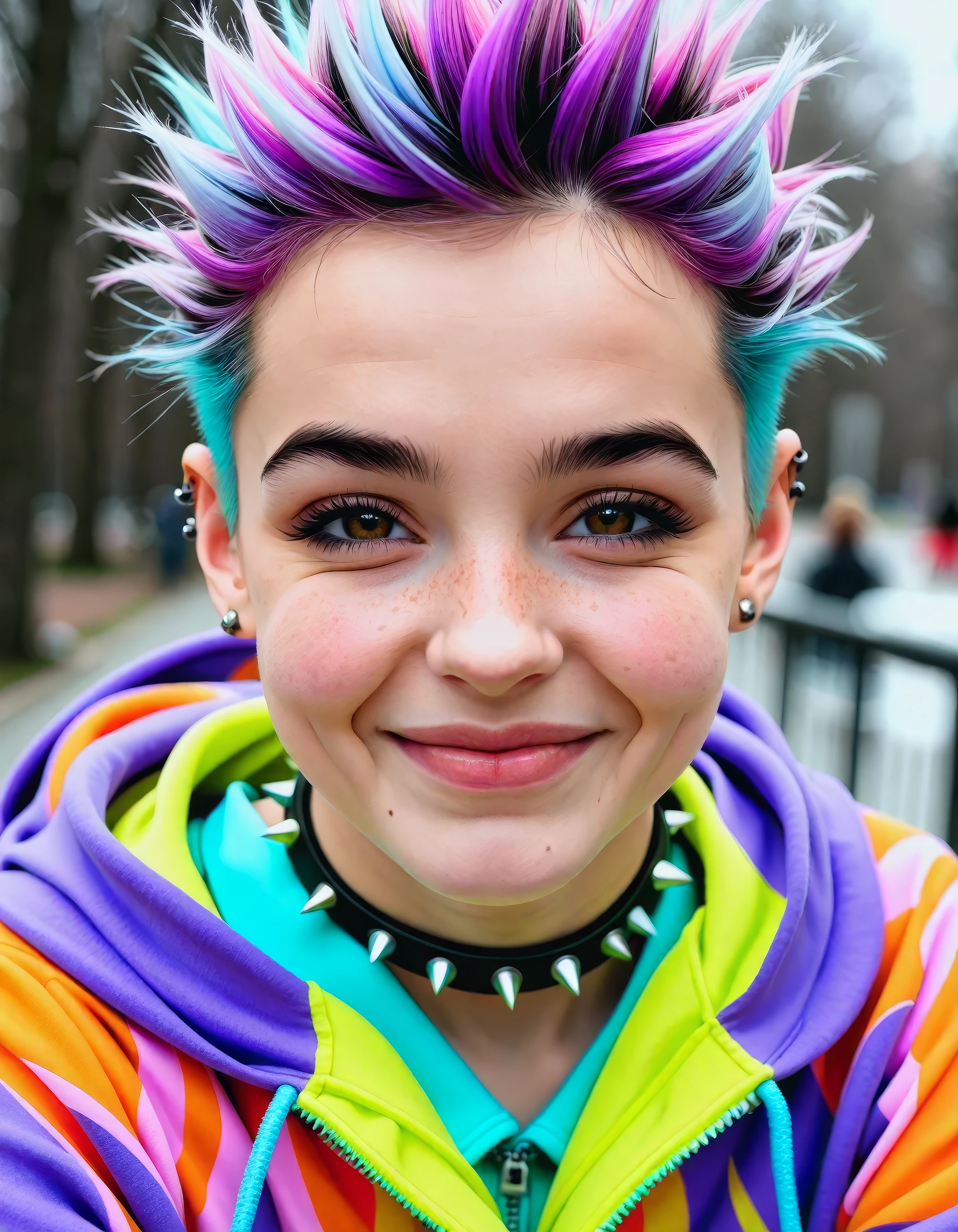 1girl, solo, 18 years old, close view, (adult), multi coloured hair, spiked hair, ear piercing, spiked collar, colourful hoodie, winter, blush, shy smile, portrait, face focus, depth of field, looking at viewer