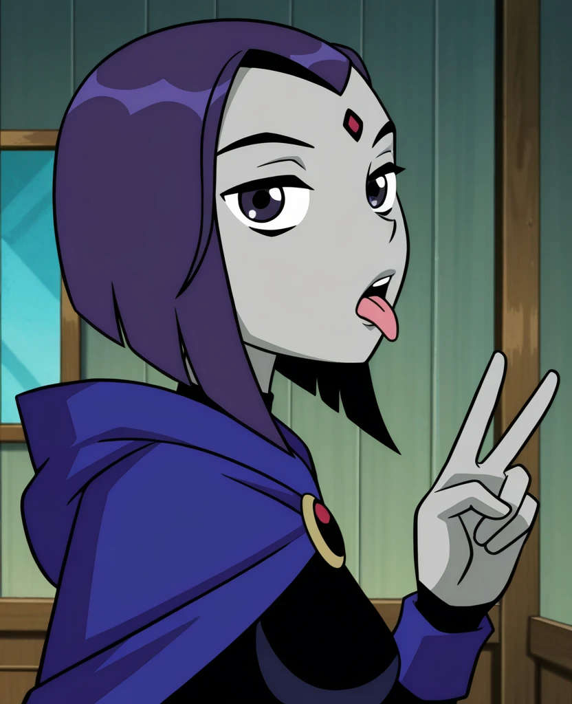 masterpiece, best quality, amazing quality, highres, absurdres, intricate detail, anime screenshot, indoors, bedroom, <lora:Raven_TT_ILLUS_2:0.8>  , rav1, 1girl, solo, grey skin, purple eyes, purple hair, forehead jewel, short hair, cape, hood, leotard, belt, expressionless, looking at viewer, portrait, open mouth, tongue out, dynamic pose, from side, facing up, peace sign, v