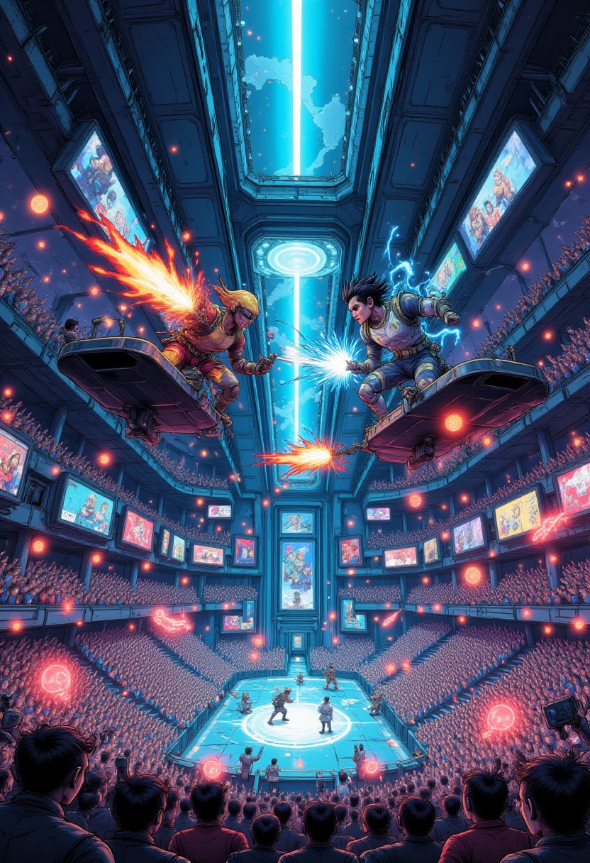 A futuristic aerial arena where combatants fight on floating platforms above a massive, cheering crowd. The main scene shows two fighters leaping toward each other, their weapons glowing, while holographic advertisements project in the background.