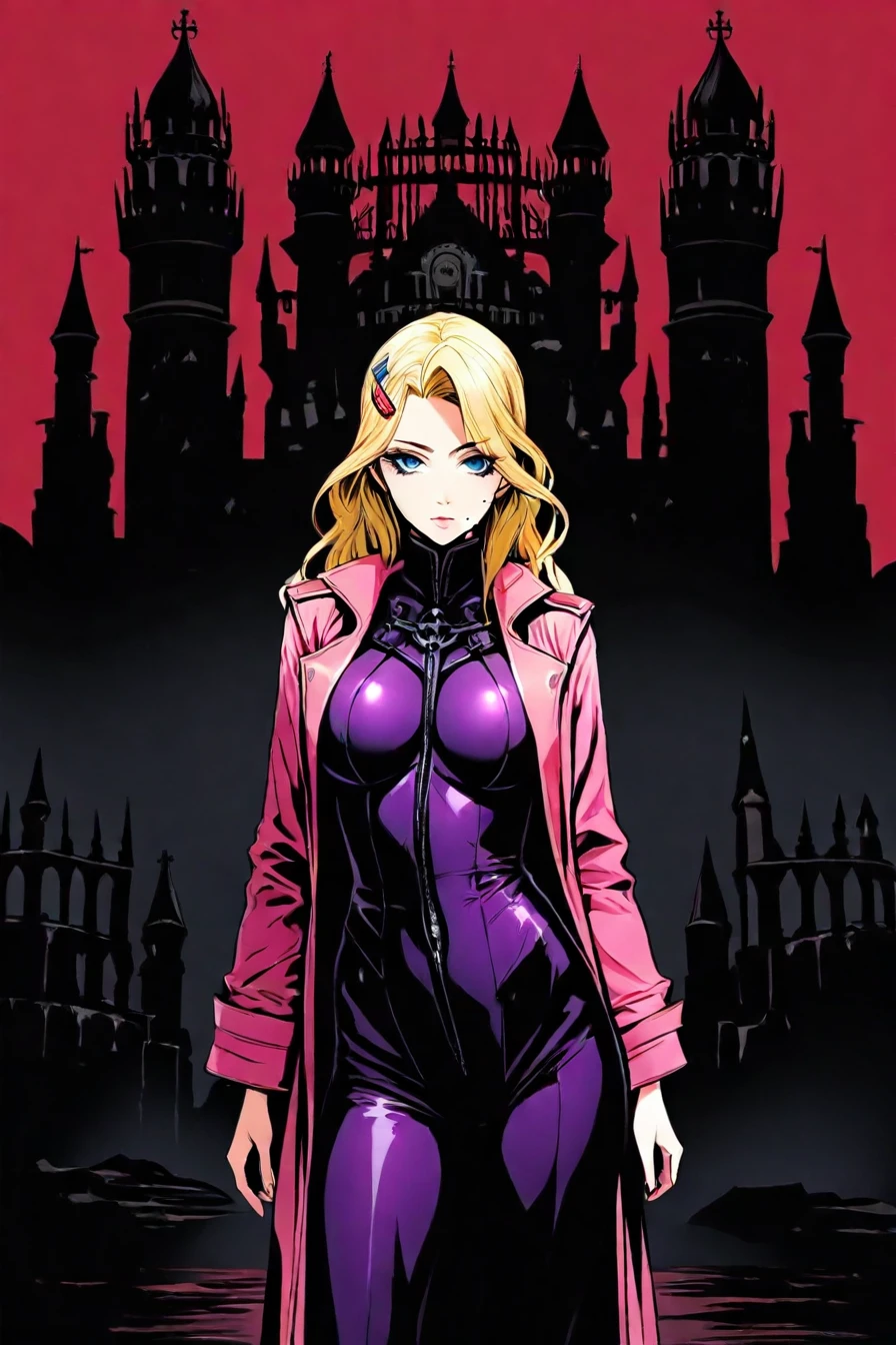 fuurinji miu, blonde hair, long hair, blue eyes, mole under right eyes, slim waist, large breast, pink jacket, purple bodysuit, hairclip, red sky, black castle, 1girl, solo, alone, <lora:dark_comic_fantasy_noir_illustriousXL-000021:0.8>, dark_comic_fantasy_noir, masterpiece, highres