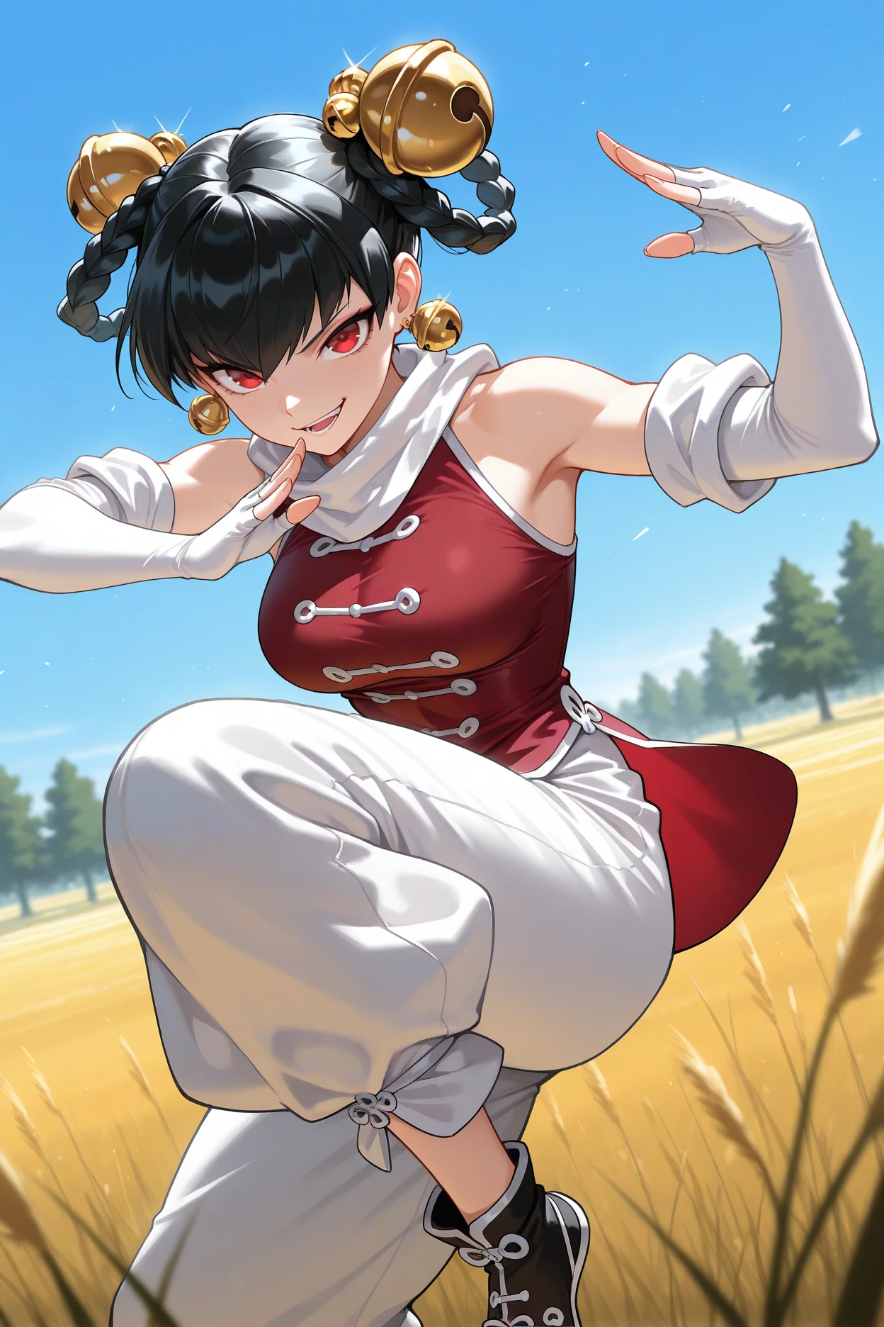 masterpiece, best quality, 1girl, solo, <lora:opmlinlin-illu-nvwls-v1-000006:1> opmll, black hair, short hair, hair rings, twin braids, red eyes, hair bell, earrings, white scarf, red shirt, sleeveless shirt, detached sleeves, elbow gloves, fingerless gloves, white pants, baggy pants, (large breasts:0.7), fighting stance, hands up, smirk, open mouth, looking at viewer, field, trees, blue sky
