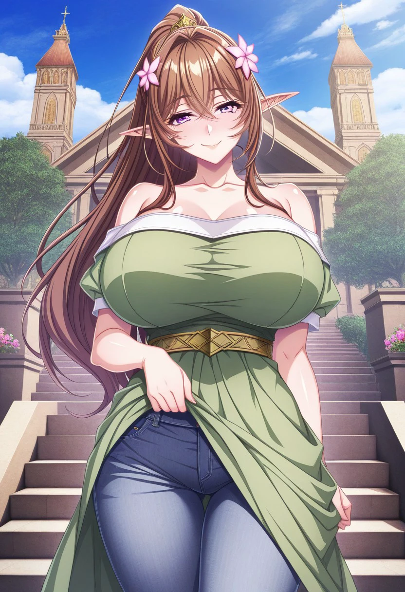 1 elf woman,((with long brown hair)),((with blue eyes)),((very huge breasts)),((a very small white dress with a revealing neckline)),((bare thighs, bare breasts , with a cut on the chest)),((with a kind and cute look, with a slight gentle smile)),((standing facing the viewer, on the medieval street))
