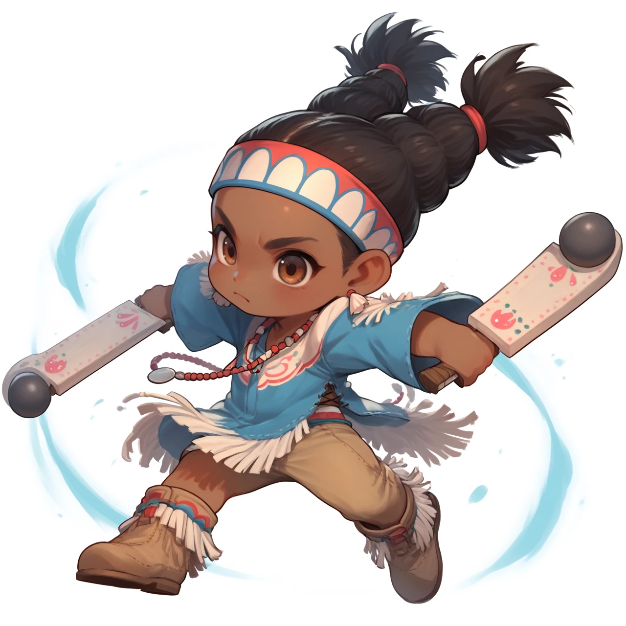 1girl, solo, chibi, holding weapon, dual wielding, white background, black hair, brown eyes, dark skin, sf6lilydef, mult-tied hair, headband, earrings, necklace, poncho, fringe-trim, brown footwear <lora:SF_LilyHawk-PONY:0.8>, score_9, score_8_up, score_7_up, score_6_up,