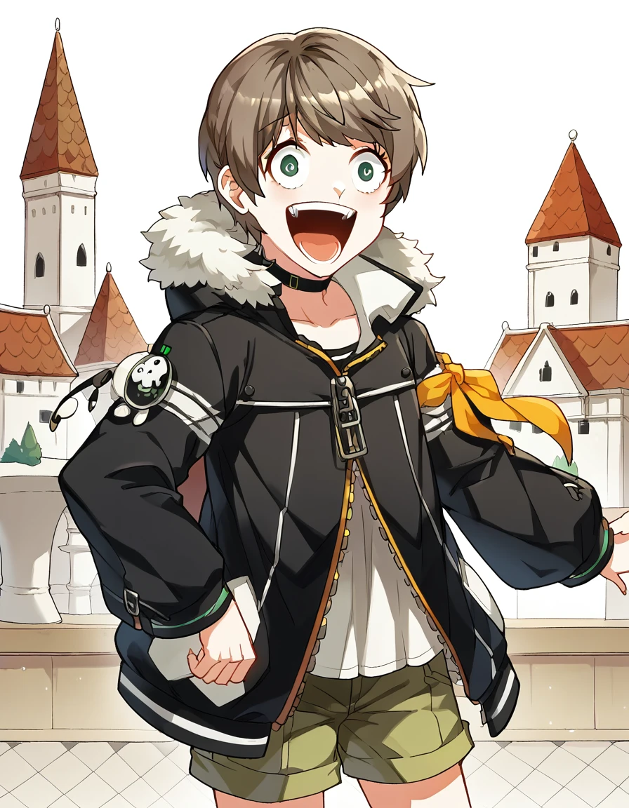 score_9, score_8_up, score_7_up, source_anime, <lora:closers-mistilteinn-ingame-ponyxl-lora-nochekaiser:1>, mistilteinn, brown hair, green eyes, male focus, otoko no ko, jacket, shorts, choker, fur trim, black jacket, minaret, tall, mosque, call to prayer, holy, smile, <lora:enel-face-ponyxl-lora-nochekaiser:1> enel face, open mouth, wide-eyed, teeth, tongue,, looking at viewer, solo,, cowboy shot, solo