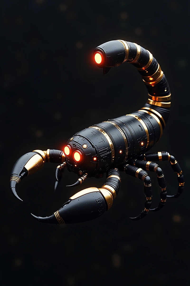 This is a stunning CGI rendering of a black and gold robotic scorpion, designed with meticulous attention to detail and a lifelike appearance. The robot features a sleek, segmented body finished in matte black, with striking gold accents along its tail and pincers, giving it an aggressive yet elegant look. Its articulated legs are intricately designed for fluid movement, and the claws exhibit a combination of sharp edges and smooth curves, emphasizing both strength and precision. The glowing eyes add an intense focal point to the design. Against a dark, atmospheric background, the metallic textures of the scorpion are brought to life, allowing the robotic beauty and craftsmanship to shine through in a captivating visual display.