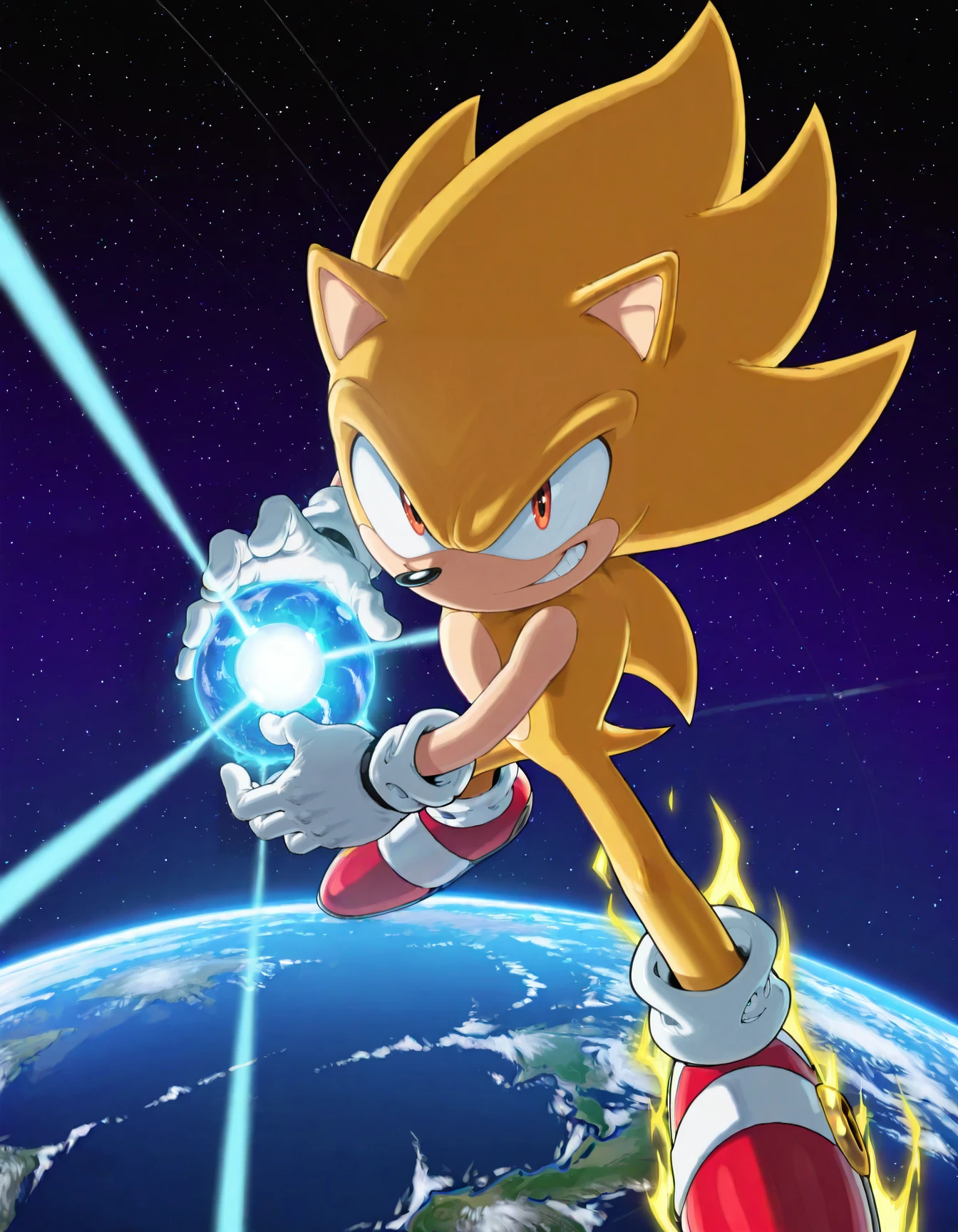 masterpiece, best quality, amazing quality, very aesthetic, absurdres, SonicX, Sonic (series), 1boy, Super Sonic, red eyes, golden fur, gloves, red footwear, space, grin, white gloves, star (sky), planet, earth (planet), looking at viewer, starry sky, kamehameha, energy ball, aura  <lora:SonicX:0.8>  <lora:kamehameha [IL]:0.8>
