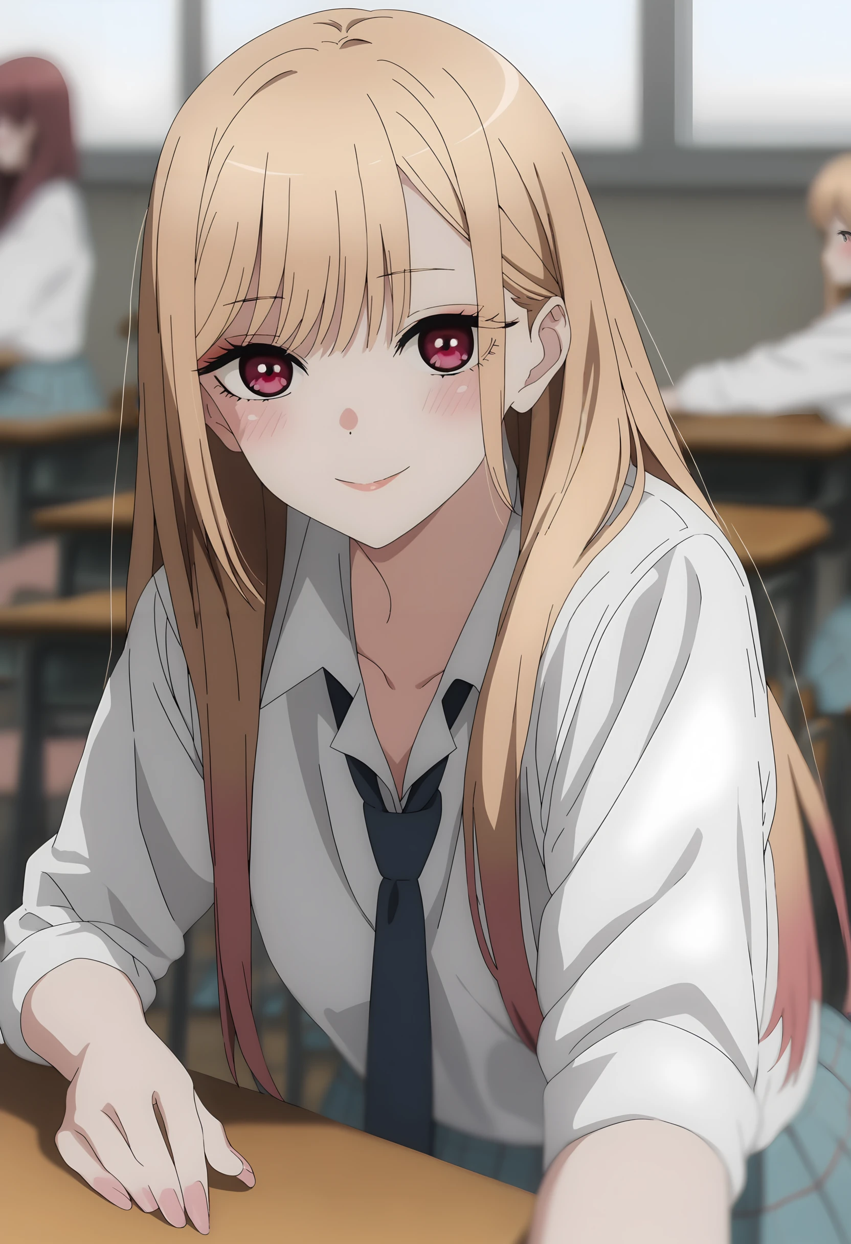 (score_9, score_8_up, score_7_up), (masterpiece, best quality, very aesthetic, ultra detailed, source anime, anime, intricate details, blurry background), <lora:Sono Bisque Doll wa Koi wo Suru - Marin Kitagawa XL R2B1:0.8>, kitagawa marin, blonde hair, looking at viewer, school uniform, classroom, 1girl, red eyes, bangs, white shirt, desk, shirt, long hair, solo, closed mouth, makeup, smile, blurry, blush, indoors