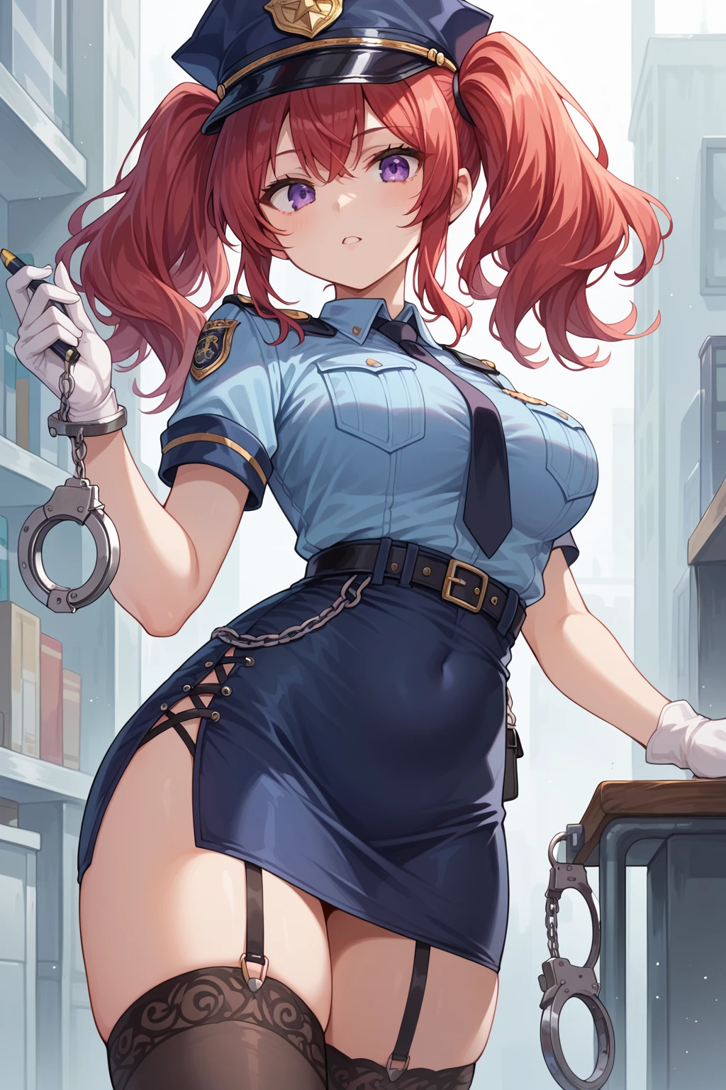 One beautiful mature woman, alone, Gorgeous face, (blush)、((Wearing a police uniform)), ((Leg spread)), With an ass like that, Grin、Red lips, eye shadow, eyeliner, Huge breasts, Thighs Thighs, Please sit down、Pink Bob Hair, lingerie, (masterpiece, Highest quality, 8K, Realistic)