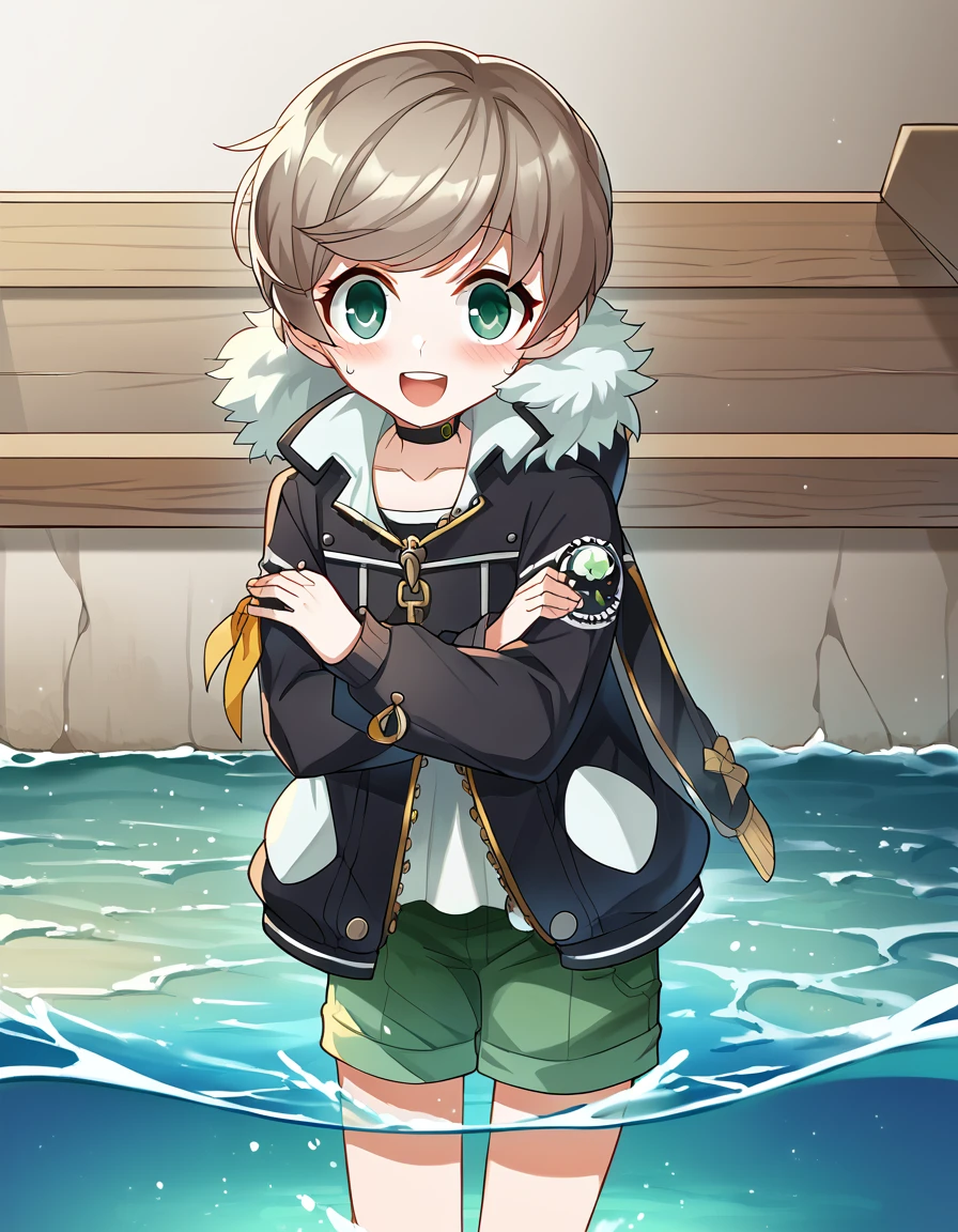 score_9, score_8_up, score_7_up, source_anime, <lora:closers-mistilteinn-ingame-ponyxl-lora-nochekaiser:1>, mistilteinn, brown hair, green eyes, male focus, otoko no ko, jacket, shorts, choker, fur trim, black jacket, dock, water, boats, wood, mooring, smile, <lora:x-arms-ponyxl-lora-nochekaiser:1>, x arms, blush, open mouth, leaning forward,, looking at viewer, solo,, cowboy shot, solo