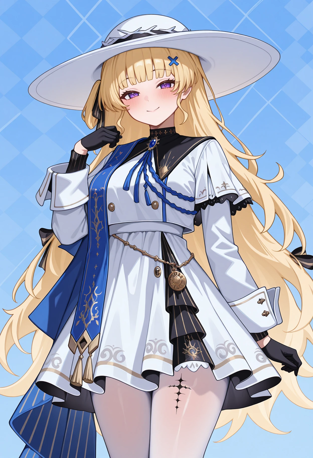 highres, best quality, masterpiece, blue background, argyle background,
solo, 1girl, wwphoebe, very long hair, blonde hair, blunt bangs, purple eyes, hair ribbon, x hair ornament,
phoewvdef, phoewwdef, white headwear, white dress, capelet, buttons, blue brooch, blue ribbon, blue scarf, medallion, jewelry, long sleeves, black gloves, white pantyhose, gold trim, leg tattoo,
looking at viewer, blush, smile,
standing,
<lora:_phoebe_ww-elesico-ilxlF:1>