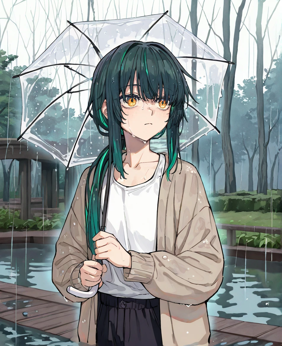 masterpiece,absurdres,best quality,very aesthetic,newest,(1boy),solo,forest green hair,long hair,low ponytail,messy bangs,Blonde and pastel blue peekaboo highlights,amber eyes,looking afar,White tank top under a beige open cardigan with black joggers,Embarrassment,Standing, holding an umbrella in the rain,portrait,Serene Japanese Garden with a Koi Pond and Arched Bridge,Glowing crystal-like reflections<lora:Fate_samurai_Remnant_Rei_Wataru_Style:0.75>, faturairei,
