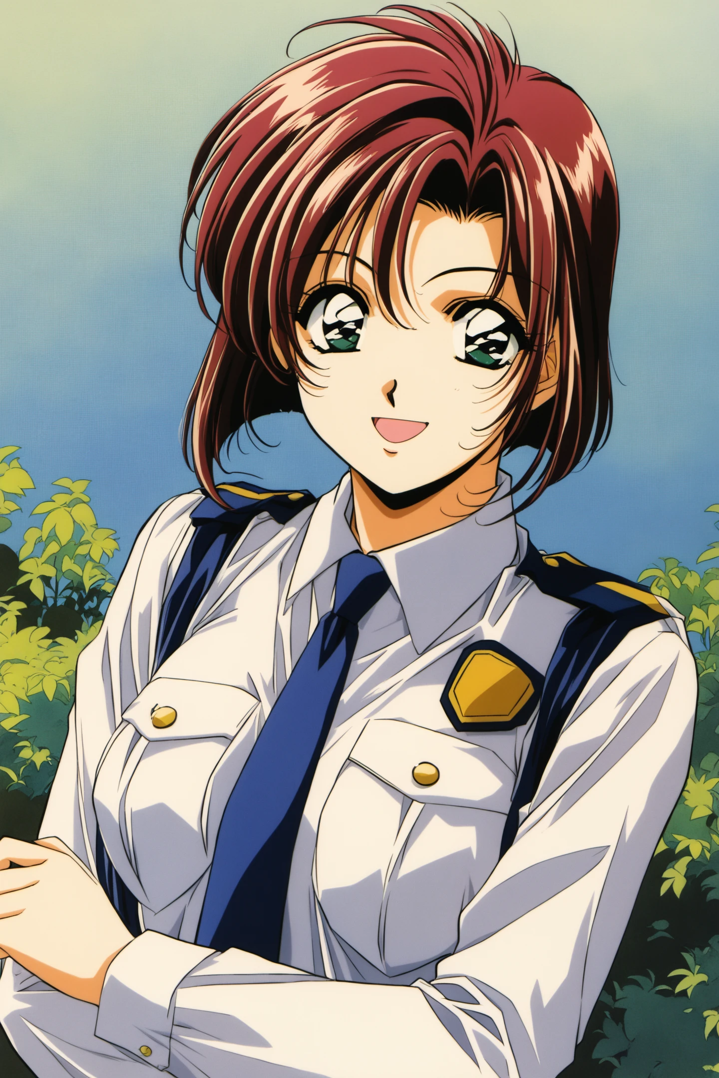 Tsujimoto Natsumi,1girl,solo,short hair,outdoors,upper body,smile,closed mouth,police uniform,blue necktie,white shirt,smile,open mouth,long sleeves,retro artstyle,
<lora:You Are Under Arrest_illustriousXL:0.8>,