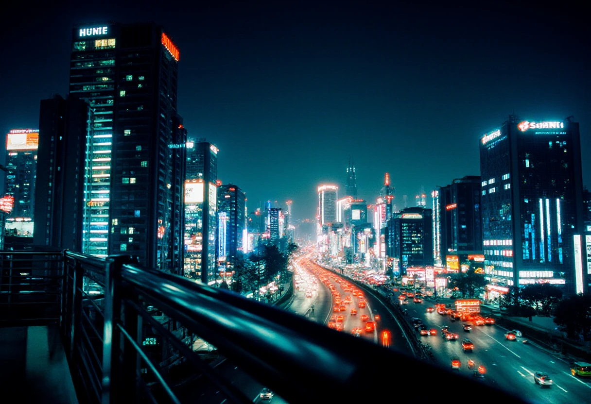 in the style of ff-fp,
A high-resolution image of a bustling cityscape at night, captured from a rooftop vantage point. The scene showcases towering skyscrapers adorned with illuminated windows, streets filled with moving traffic, and vibrant neon signs. The foreground features a sleek, modern railing in sharp focus, while the background displays a gradual bokeh effect, emphasizing depth. The image reflects the Samsung Galaxy S24 Ultra's 200 MP sensor and advanced zoom capabilities, capturing intricate details from the distant skyline to the nearby architectural elements, with vivid colors and exceptional clarity throughout
<lora:Film_Photography_FLUX:1>