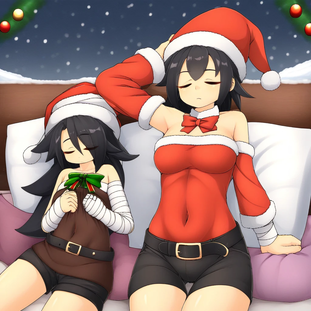 2 women, first woman black hair blue eyes wearing Christmas lingerie , second woman brown skin black hair wearing Christmas lingerie , on Christmas tree in background, Christmas theme, view from below, nsfw