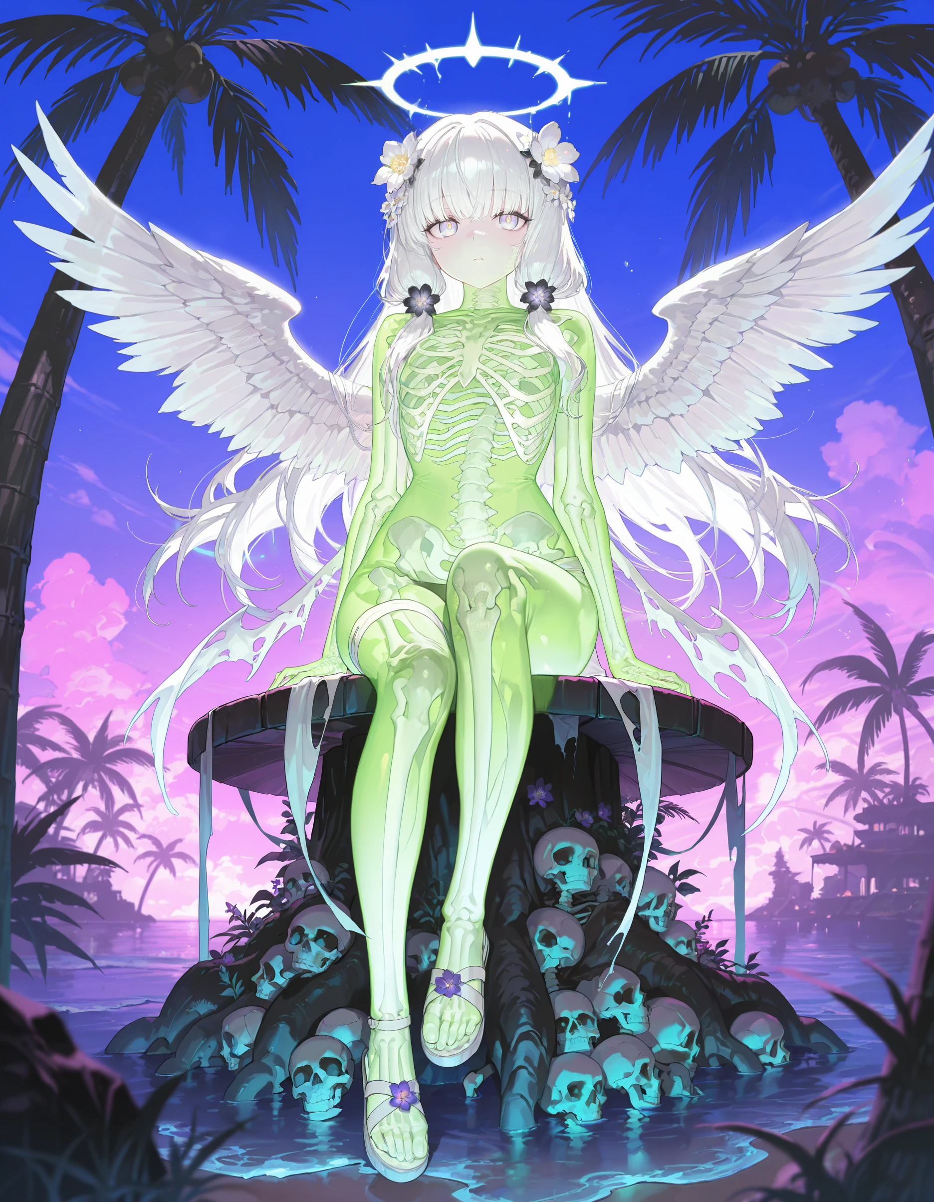 incredibly absurdres, highres, masterpiece,best quality, newest, <lora:se3_thr0ugh:1>,se3_thr0ugh_001,see-through_skin,skeleton , 1girl, hair ornament, wings, hair flower, flower, solo, long hair, sitting, white hair, palm tree, halo, sandals,toes,feet, tree, bangs, outdoors, incredibly absurdres, highres, masterpiece, newest