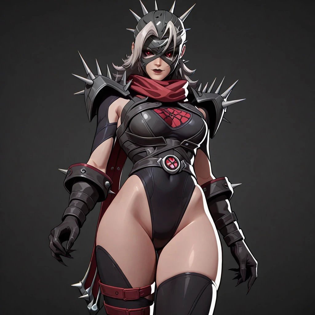 safe_pos, masterpiece, best quality, newest, absurdres, highres, anime, anime style, 1girl, SueStormMaliceSkin-V1.1, mask, spikes, leotard, red scarf, red eyes, thighhighs, gloves, shoulder spikes, shoulder armor, clothing cutout, black sclera, colored sclera, red eyes