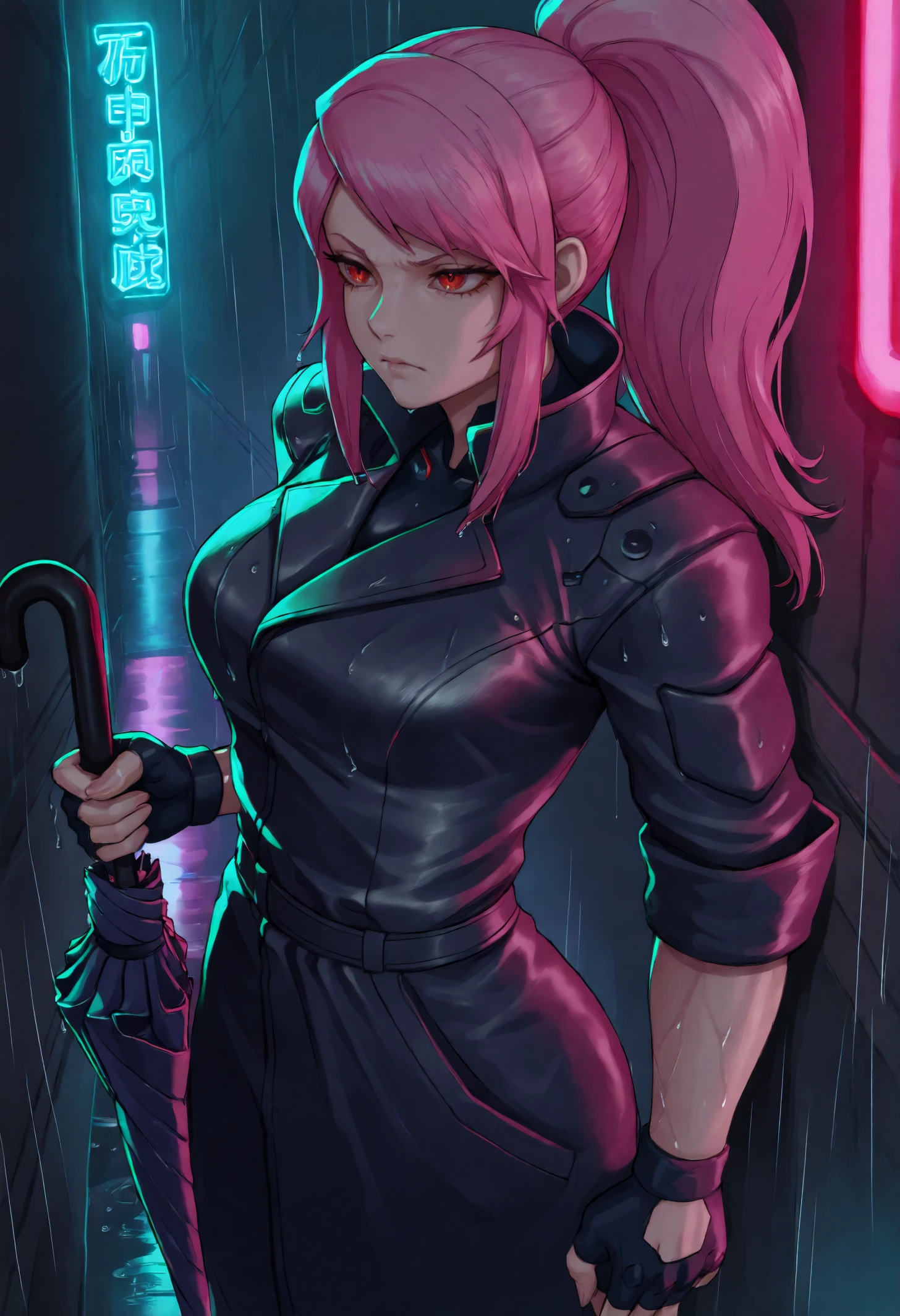 masterpiece, best quality, 1girl, toned,
pink hair, high ponytail, long hair, sidelocks, swept bangs, red eyes,
sleek trench coat, fingerless gloves, leaning against rain-slicked alley wall, gripping umbrella, neon signs reflected in puddles, sharp glare, cyberpunk vibe, moody lighting, futuristic atmosphere,
<lora:lvnpkm_idxl_EliPot:1>