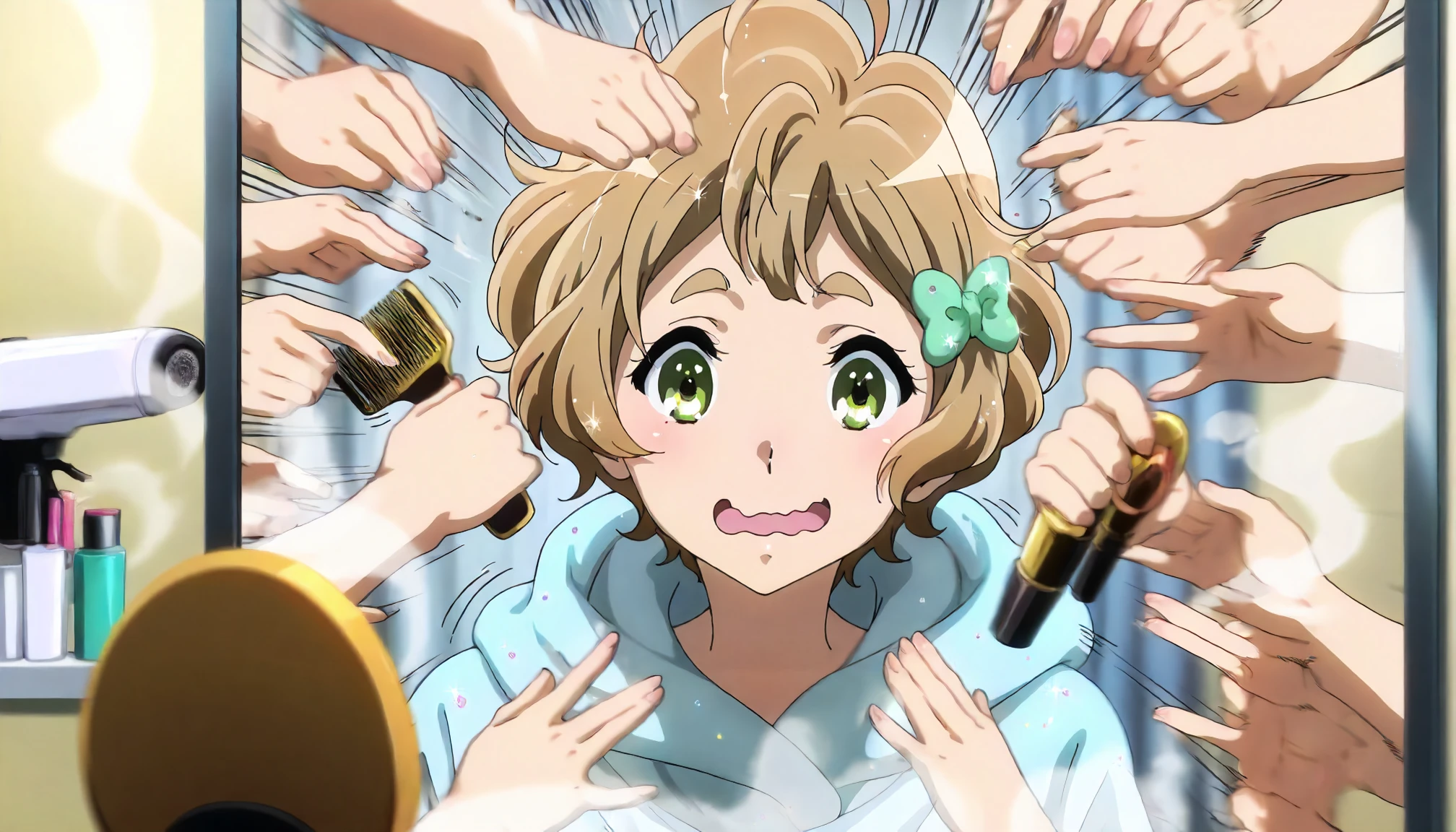 <lora:Pose_rushpunchXLIllustrious001:0.7>,
masterpiece,(best quality),good quality,newest,
open mouth,smile,wavy mouth,
looking at viewer,
solo,
anime coloring,
multiple hands,(motion_blur:1.2),(motion line:1.1),speed_lines,
1girl,kawashima sapphire,hibike! euphonium,dynamic hair makeup,sleep,shaded_face,comb,dryer,hair spray,glitter,holding,cosmetics,smoke,mirror,