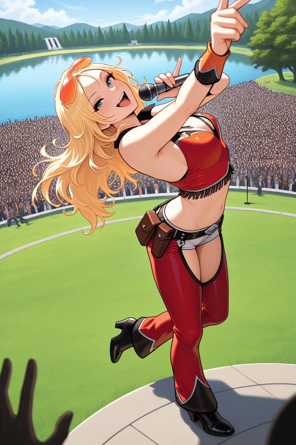 masterpiece, best quality, amazing quality, absurdres, solo, agentstarr, smile, open mouth, holding microphone, singing, dancing, long blonde hair, looking at viewer, eyewear on head, orange sunglasses, red sleeveless, crop top, white short shorts, red chaps, black shoes, crowd, crowded, outdoors, stage, day, grass, flowers, lake, trees, park