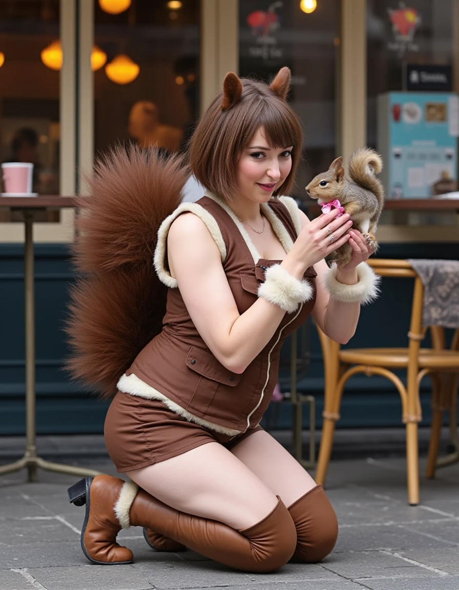 <lora:Milana_Vayntrub_Flux:1.3> This is a beautiful  true to life realistic photograph of Marvel's Squirrel Girl,  the woman has squirrel-like features, Her skin is fair, and she is dressed in a brown, sleeveless vest with a white fur trim and matching shorts. She also wears brown thigh-high stockings with white fur trim at the top and brown boots with fur cuffs.
The woman is kneeling on one knee, holding a small, cute squirrel in her left hand. The squirrel has a pink ribbon around its neck and is looking up at her. The Woman's large, bushy tail is visible behind her, extending outward from her back. Outside a cafe.