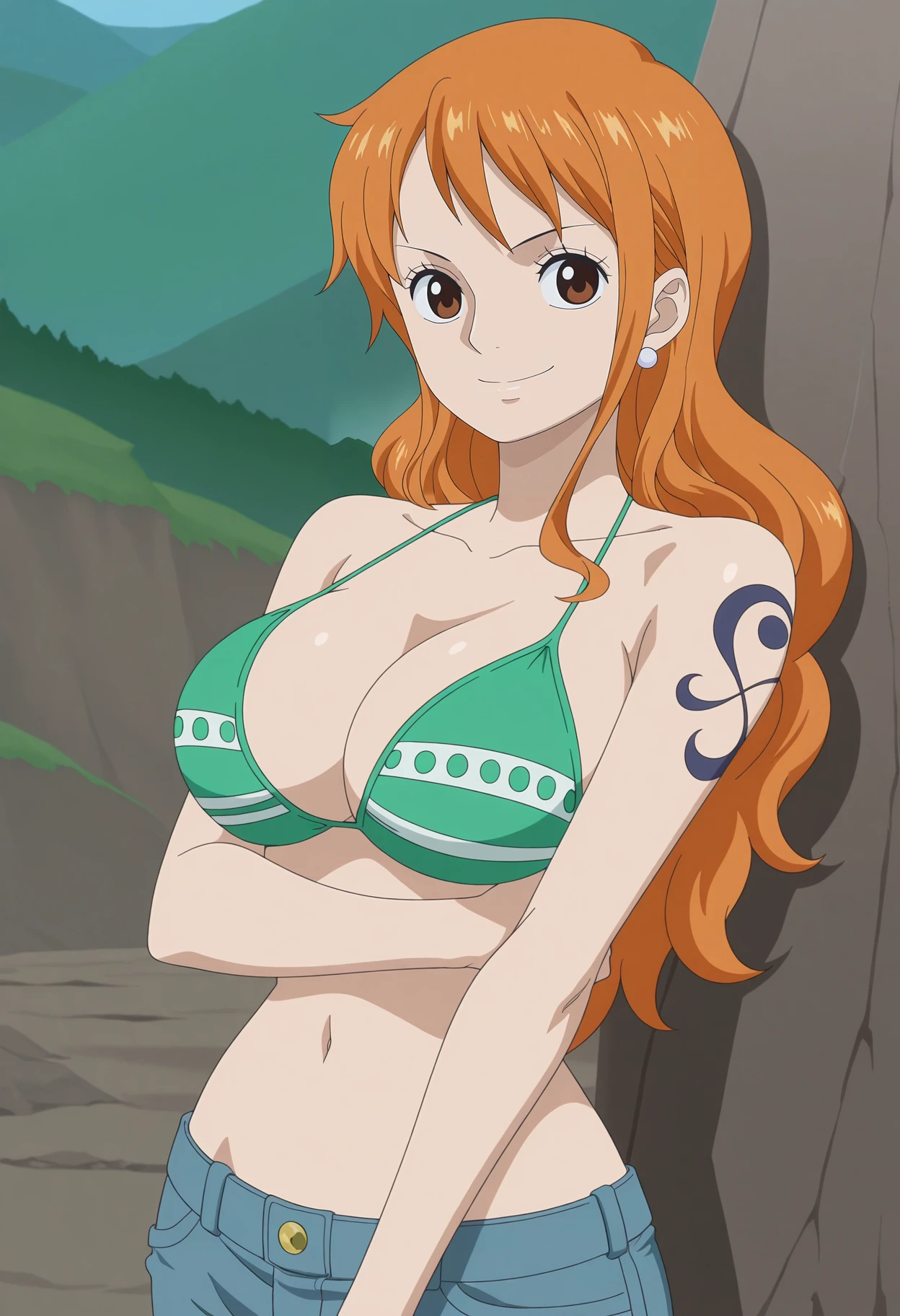 1girl,solo,mm,mature female,orange hair,long hair,brown eyes,earrings,tattoo,large breasts,anime coloring,
green bikini,bikini top only,denim,pants,looking at viewer, smile,outdoors,
,masterpiece,best quality,amazing quality,<lora:NAMI-ONE_PIECE-SabaodyWano:0.8>