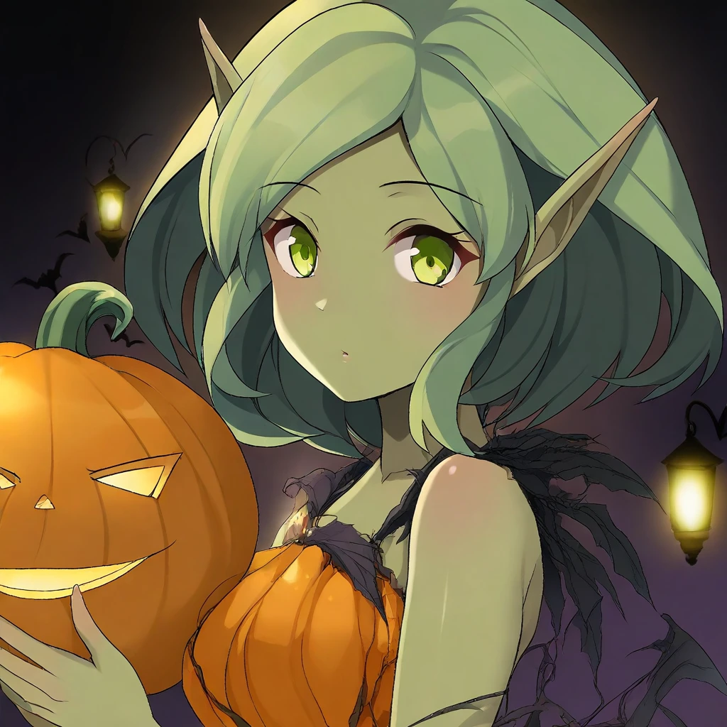 masterpiece, 4k res, absurdres, source_anime, challua_wf, solo, green hair, pointy ears, green eyes, tan skin, hallow dress, dark background, pumpkin, lights, portrait, side view, looking at viewer