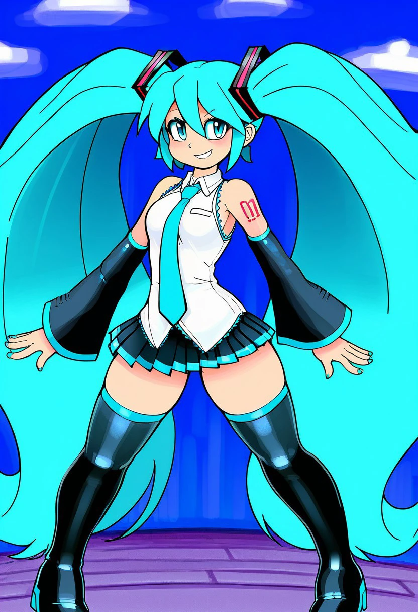 SNAO, Solo, 1 Girl,
hatsune miku, absurdly long hair,aqua hair,twintails,hair ornament,sidelocks,hair between eyes,parted bangs,aqua eyes, white shirt,collared shirt,bare shoulders,sleeveless shirt,aqua necktie,detached sleeves,black sleeves,shoulder tattoo,fringe,black thighhighs,miniskirt,pleated skirt,zettai ryouiki,thigh boots