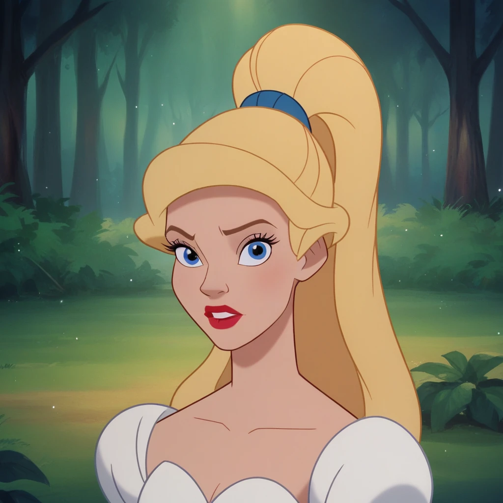 Ugly score_8_up, score_7_up, BREAK, DonBluth, 1girl, solo, blonde hair, high ponytail, blue eyes, lipstick, white dress, upper body, looking at viewer, <lora:DonBluth_PXL_Leaf2:1>, forest, light particles,