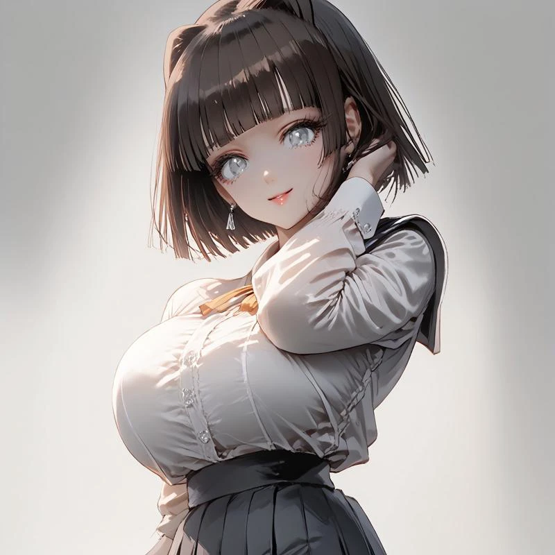 safe_pos, score_9_up, score_8_up, score_7_up, score_6_up, best quality, high definition, 1girl, solo, Kayama, gray eyes, short hair, sui kayama, (grey eyes:1.5), brown hair, bangs, blunt bangs, hime cut,easynegative,black pantyhose, school uniform, skirt, solo, thighband pantyhose,large breasts, huge breasts, skindentation, thighs, hips, <lora:seductive-smile-ponyxl-lora-nochekaiser:1>, seductive smile, come hither, naughty face,thick thighs, dynamic pose