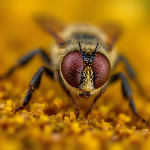 with one bee slightly larger and more prominent than the other. Both bees have a fuzzy, giving them a spiky appearance. The texture is soft and spongy, clear, casting a warm, black eyes dominate the upper part of its head, delicate structures resembling a flower or plant. The subject is a dense, captured in extreme close-up. The insect is positioned slightly off-center, extending forward from its head., with a distinct pattern of black and yellow stripes on its abdomen. Its compound eyes are large and black