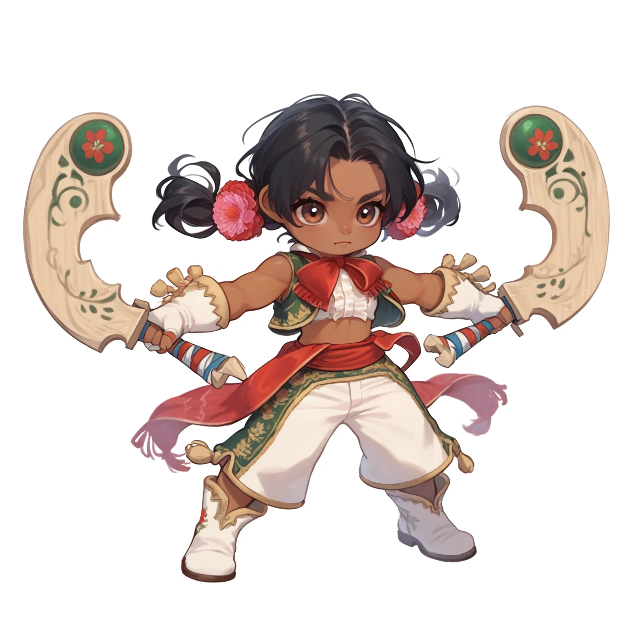1girl, solo, chibi, holding weapon, dual wielding, white background, black hair, brown eyes, dark skin, sf6lilyalt, twintails, hair flower, sleeveless vest, crop top, fingerless gloves, red sash, white pants, white boots <lora:SF_LilyHawk-PONY:0.8>, score_9, score_8_up, score_7_up, score_6_up,