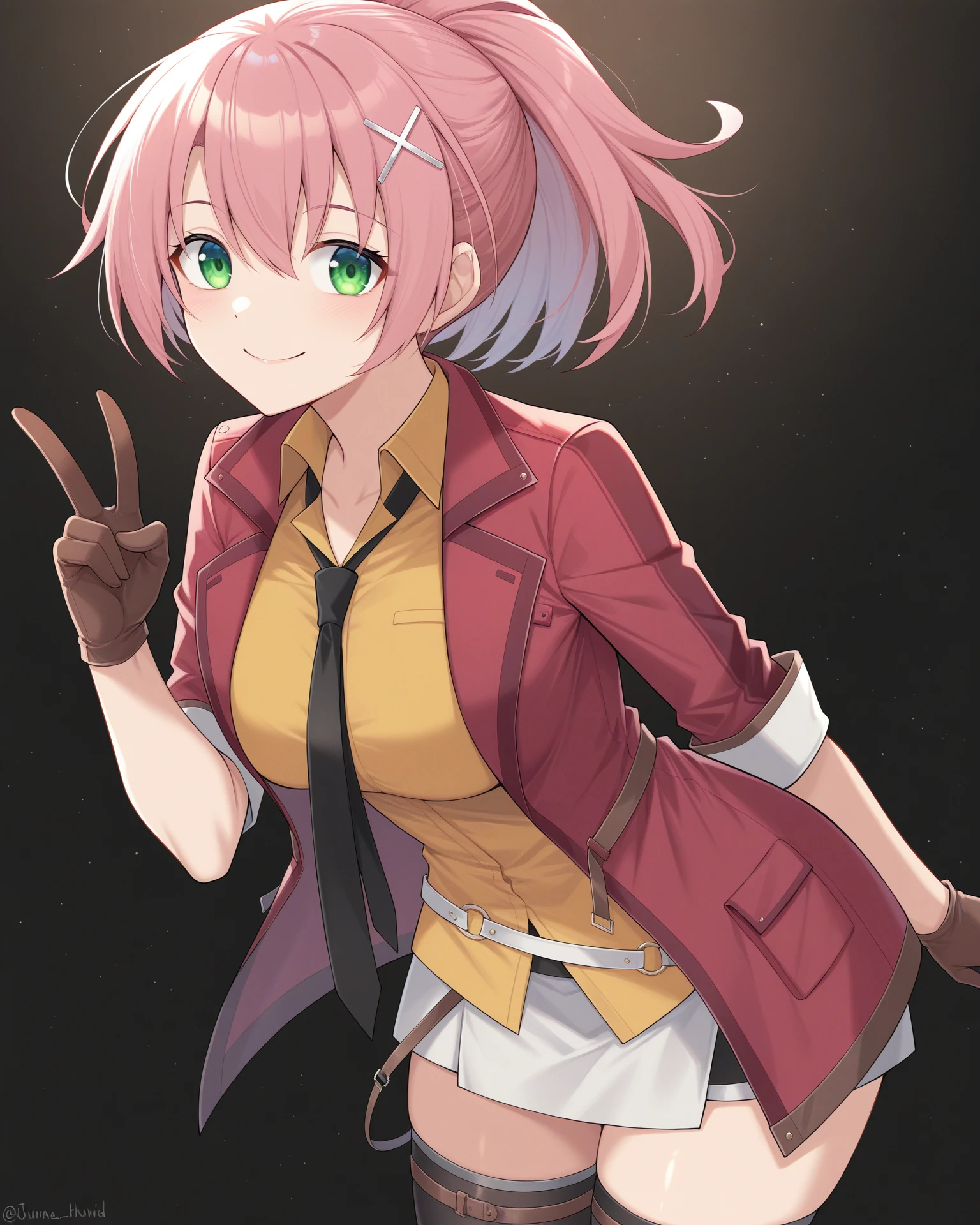 masterpiece, best quality, amazing quality, very aesthetic, absurdres, (by e.o.:0.7), (by chiharu \(9654784\):0.4), (by racoon-kun.:0.4),
1girl, solo,
<lora:JunaCrawfordCrossbell_Illustrious:1>, Juna Crawford, pink hair, ponytail, X hair ornament, green eyes, medium breasts, red jacket, yellow shirt, black necktie, white belt, white skirt, brown gloves, black thighhighs,,
simple background, black background, particles,
smile, looking at viewer,
