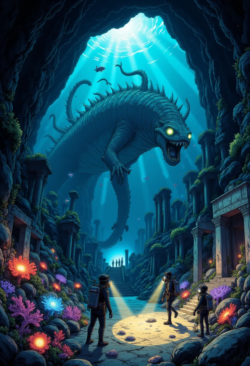 Deep under the ocean, a team of divers explores a bioluminescent cave filled with glowing coral and ancient ruins. A massive, serpentine leviathan looms in the background, its eyes glowing as it watches the intruders, blending into the dark, shimmering waters.