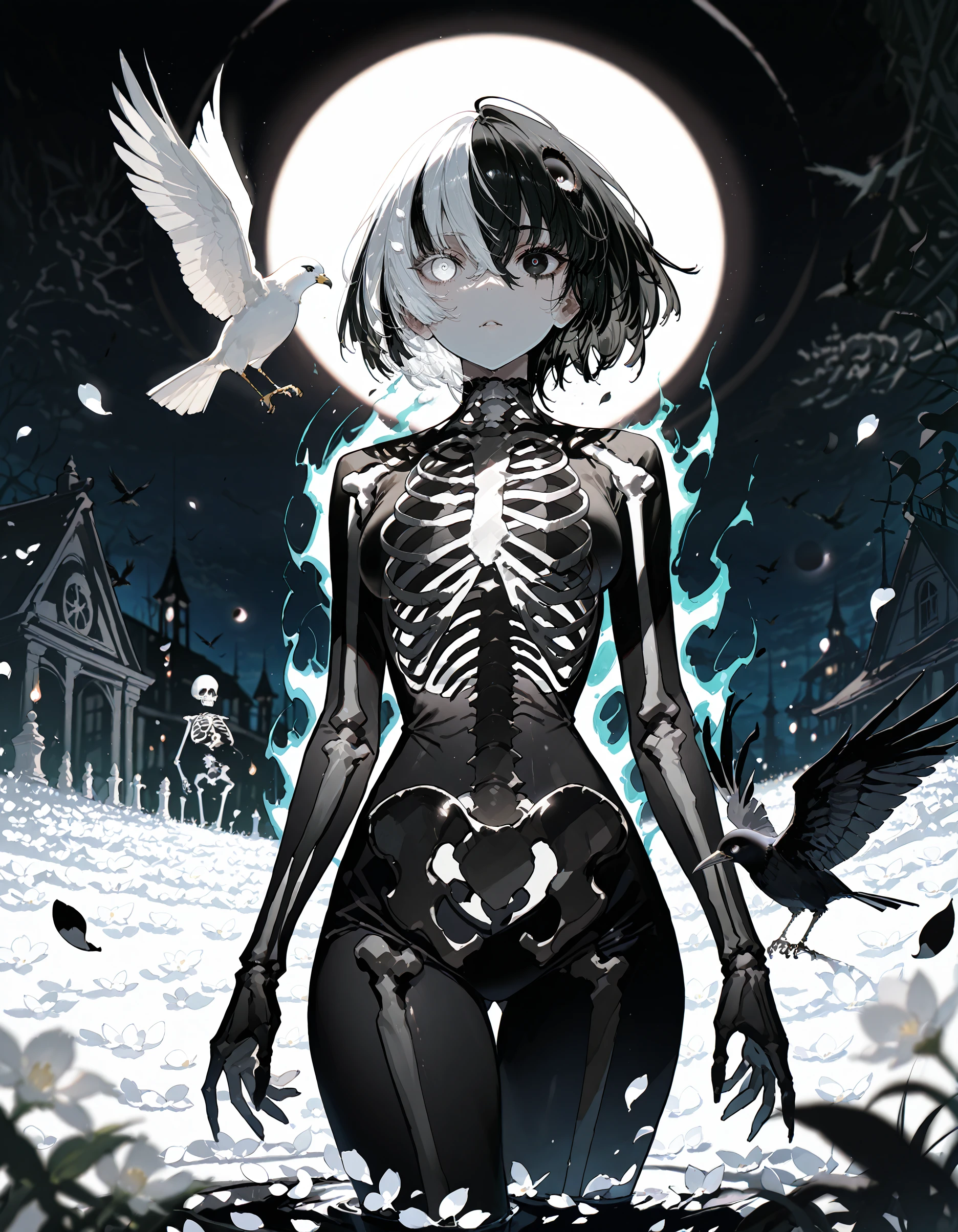 masterpiece,best quality,nsfw,very aesthetic, <lora:se3_thr0ugh:1>,1girl,heterochromia,skeleton, se3_thr0ugh_001, black eyes, white eyes, split-color hair, black_hair,white,detailed_hands, night,moon,eclipse, <lora:Abstract:0.4>,white petals,black petals, white bird, black bird, aura,depth of field, light particles, incredibly absurdres, highres, masterpiece, newest, <lora:KonYa666:0.7>, <lora:Yoneyama_Mai_illu:0.7>