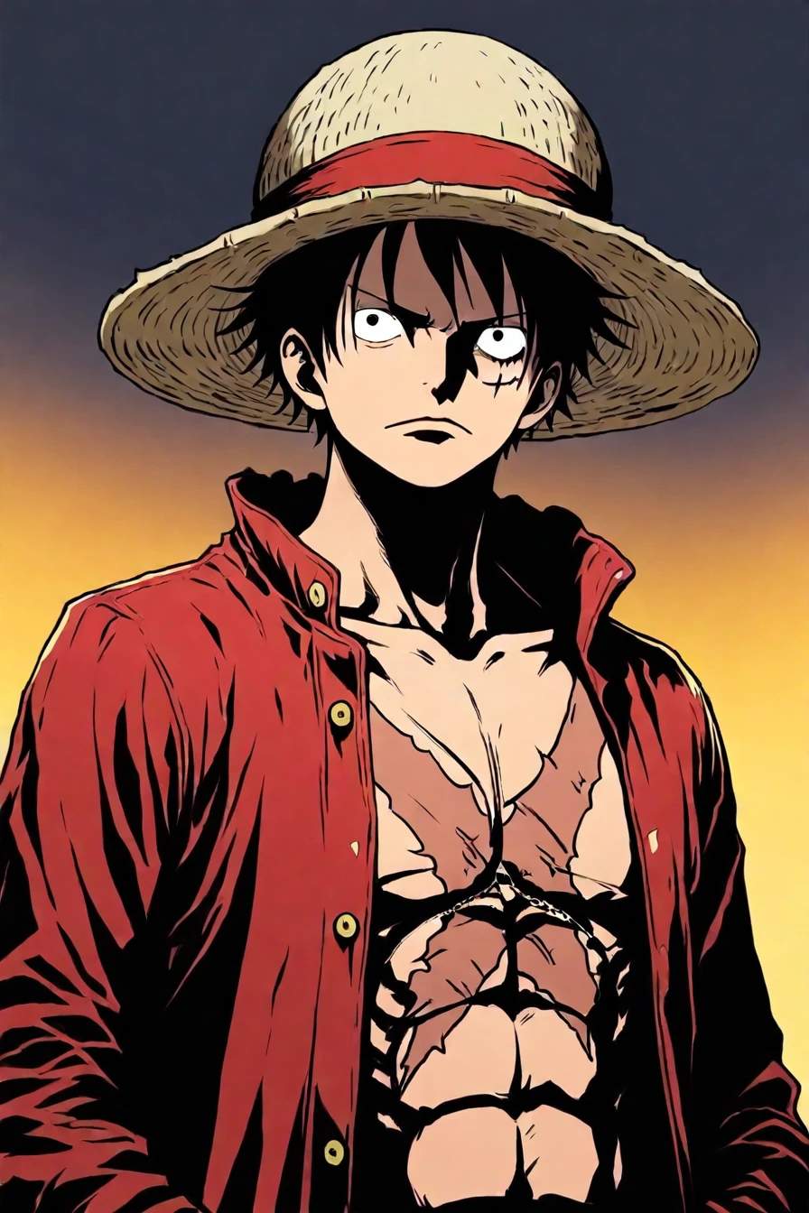 <lora:LUFFY_pony_XL:0.6>, Luffy, red jacket, scar on chest, straw hat, black hair, 1boy, solo, alone, <lora:dark_comic_fantasy_noir_illustriousXL-000021:0.8>, dark_comic_fantasy_noir, masterpiece, highres