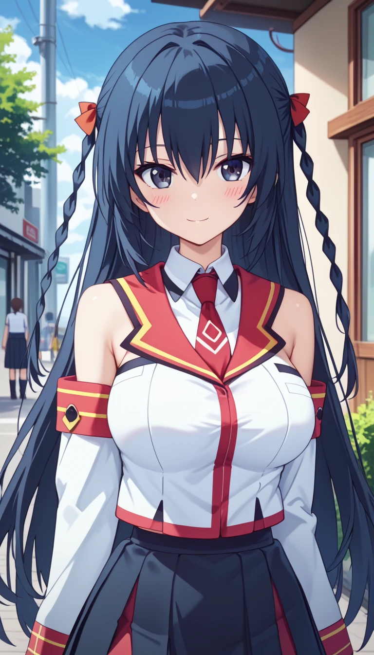 Anime girl with long black hair and a white shirt and red tie - SeaArt AI