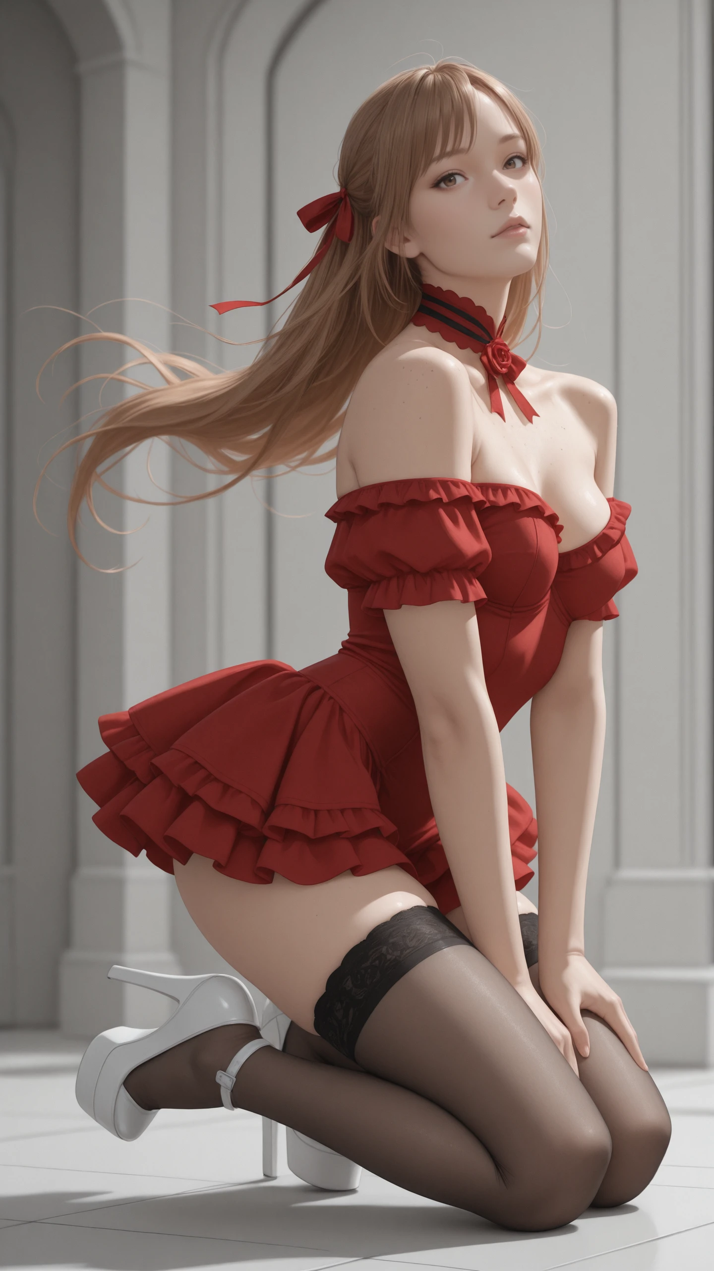 anime, beautiful face, highly detailed face, 2 accurate legs, pink detailed eyes, highly detailed background, perfect lighting, accurate arms, accurate hands, accurate fingers, blonde hair, full body, 1girl, solo, ruby hoshino, oshi no ko, , absurdres, high res, ultrasharp, 8K, masterpiece, looking at viewer, (full body:1.4), smile full of affection, mouth open smile, at a party, party environment, party clothes, elegant pose, cleavage, detailed thighhighs, detailed heels,
