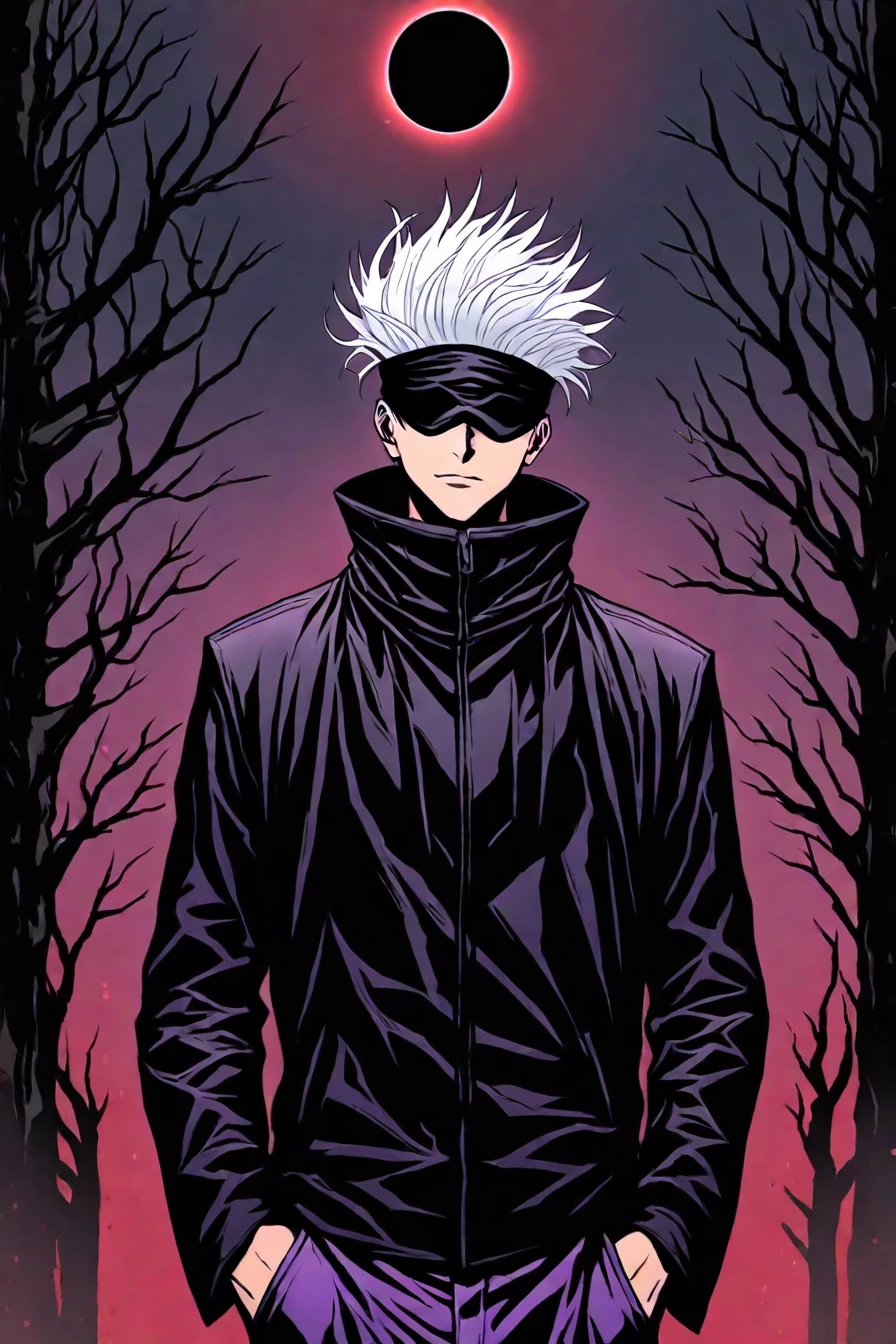 gojou satoru, white hair, purple pants, high collar, blindfold, covered eyes, black blindfold, purple jacket, purple pants, eclipse, black tree, upper body, 1boy, solo, alone, <lora:dark_comic_fantasy_noir_illustriousXL-000021:0.8>, dark_comic_fantasy_noir, masterpiece, highres