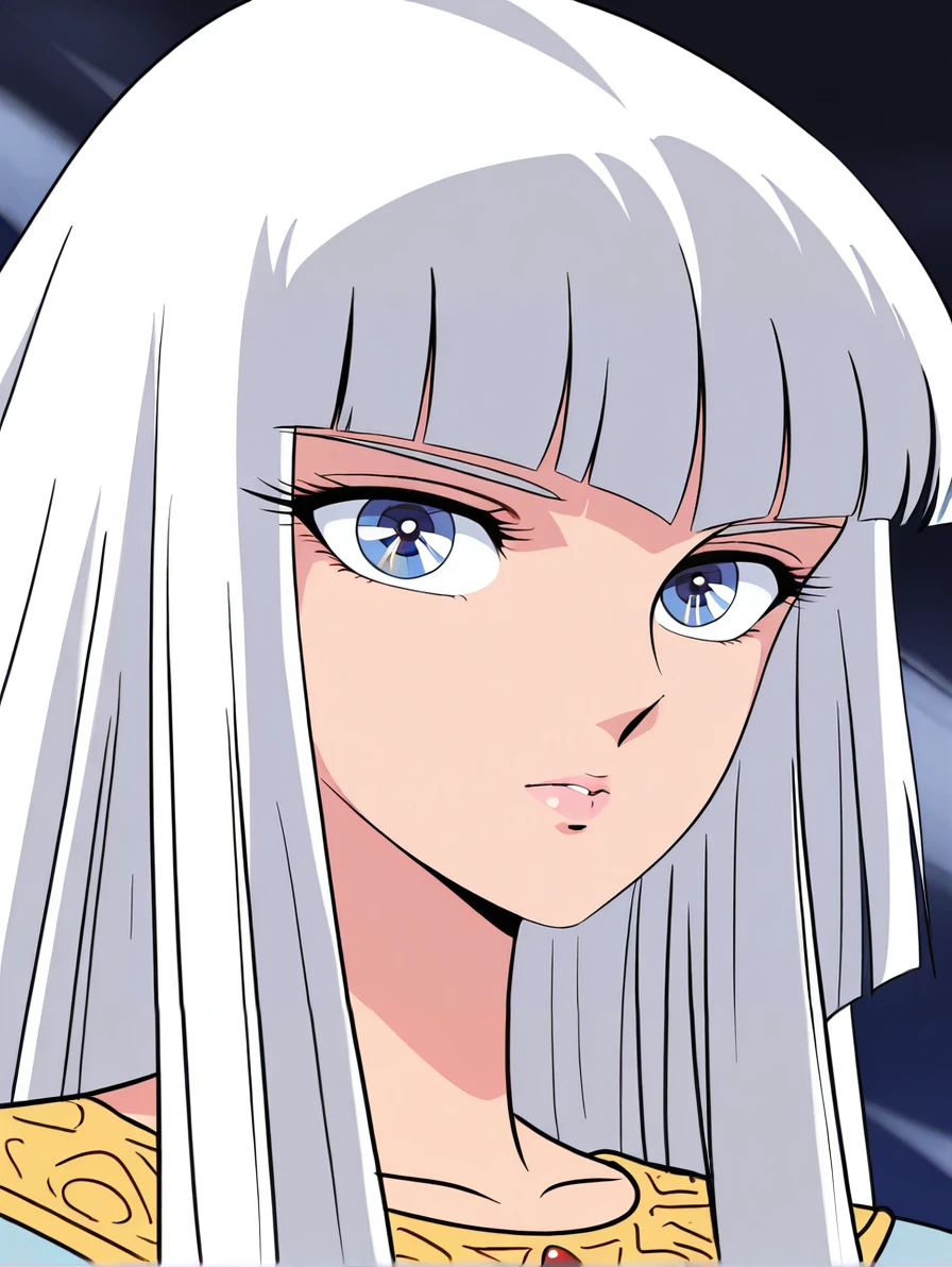 masterpiece, best quality, high resolution, absurdres, highres, amazing quality, very aesthetic, ultra detailed, perfect details,
<lora:Hilda_Polaris_LCD_ill_v03:0.9> hildapolarislcd, hime cut, long hair, blue eyes, white hair,
retro artstyle, blue dress, jewelry, (flat colors:1), close up portrait, zoomed portrait, 1girl, looking at viewer,