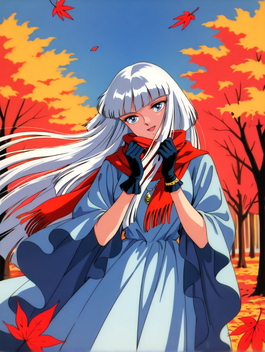 masterpiece, best quality, high resolution, absurdres, highres, amazing quality, very aesthetic, ultra detailed, perfect details,
<lora:Hilda_Polaris_LCD_ill_v03:0.9> hildapolarislcd, hime cut, long hair, blue eyes, white hair,
retro artstyle, blue dress, jewelry, head tilt, happy, autumn, blue sky, scarf, wind, autumn leaves, gloves, cold,